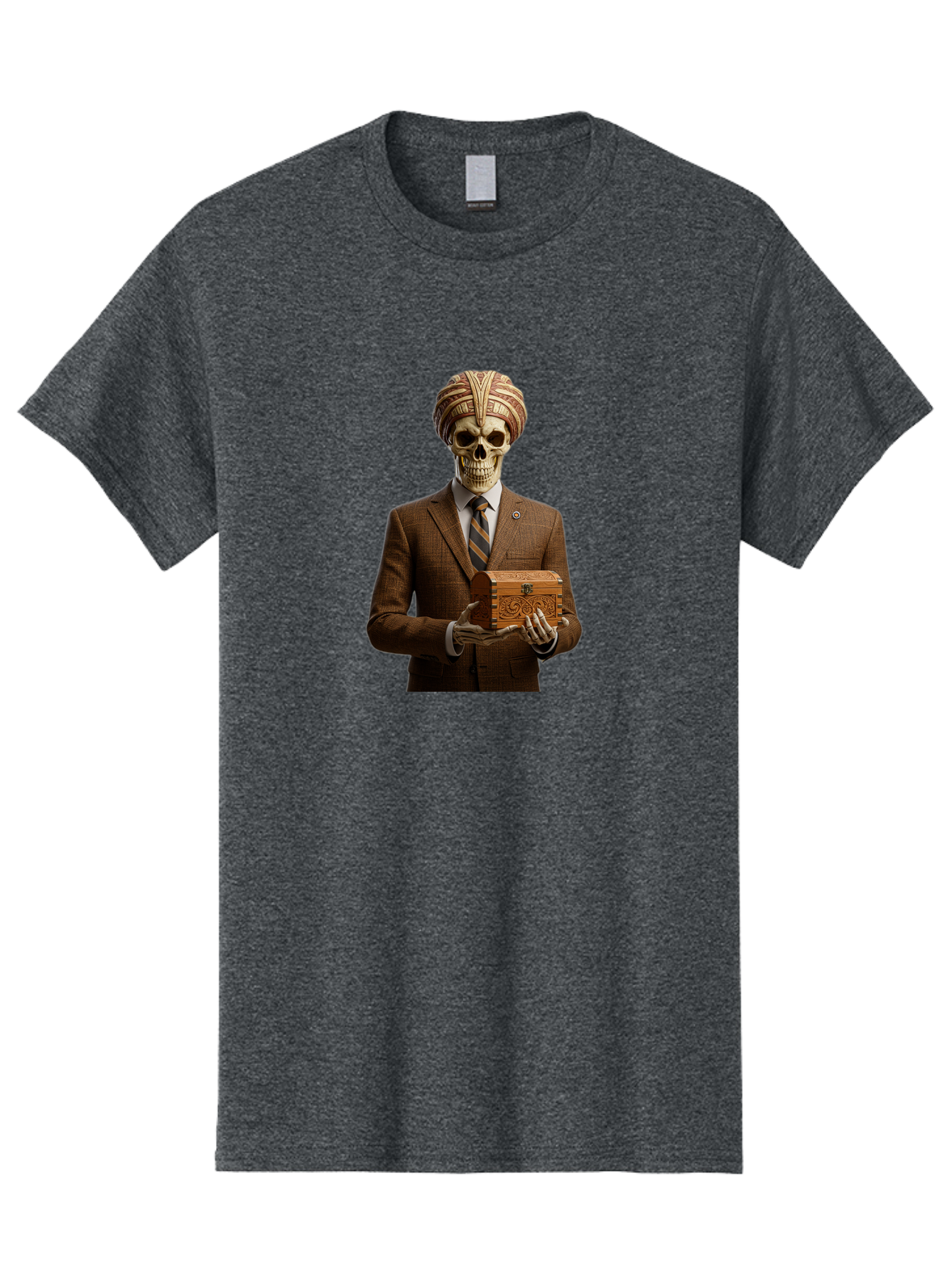 Skeleton-In-Suit-Holding-Box Men'S Graphic Tee, 100% Cotton, Comfortable Casual Summer Wear, Machine Washable, Skeleton Wearing A Suit, Holding A Treasure Chest, Striped Tie, Turban On Head, Business Attire, Mysterious Figure, Ornate Box, Bad575
