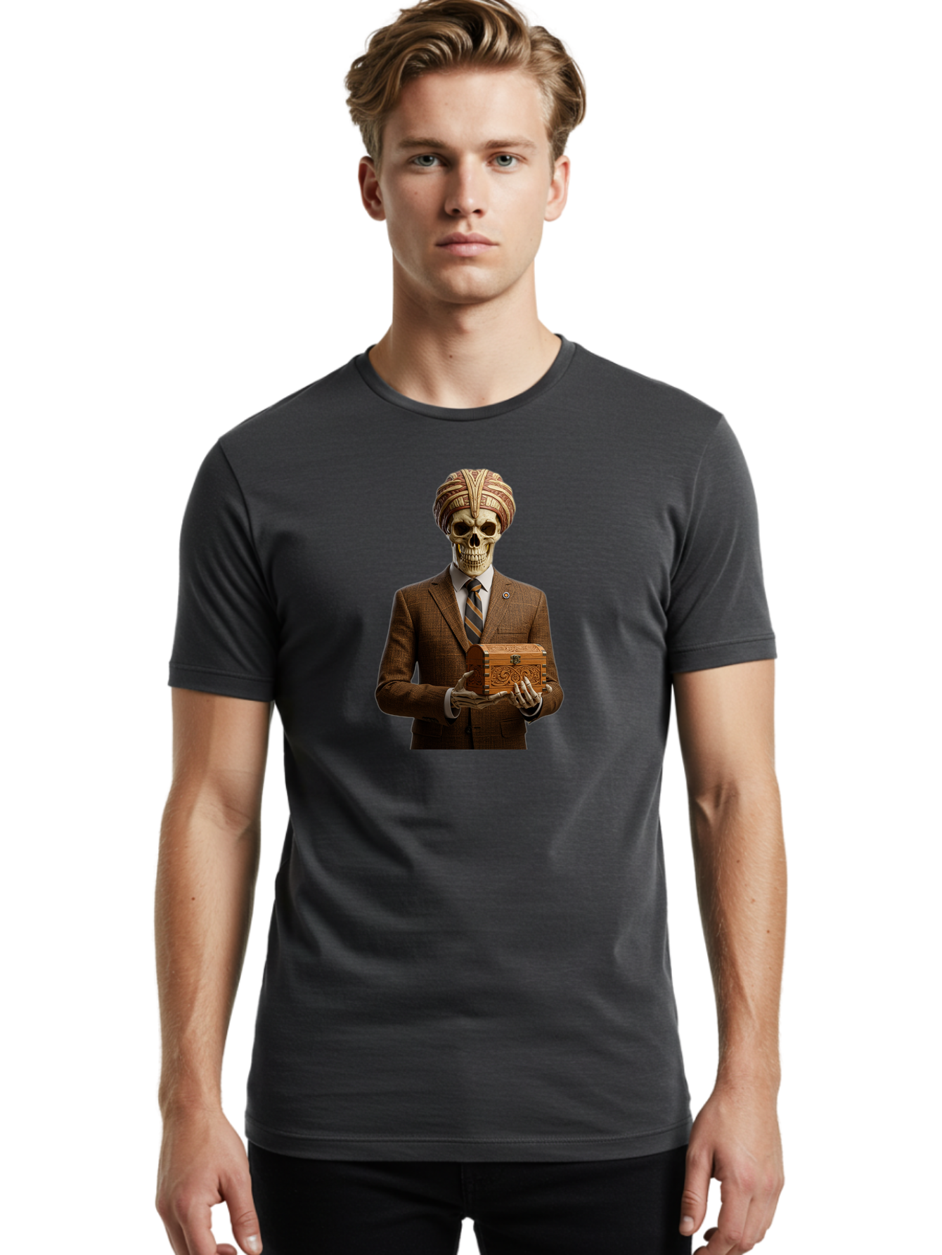 Skeleton-In-Suit-Holding-Box Men'S Graphic Tee, 100% Cotton, Comfortable Casual Summer Wear, Machine Washable, Skeleton Wearing A Suit, Holding A Treasure Chest, Striped Tie, Turban On Head, Business Attire, Mysterious Figure, Ornate Box, Bad575