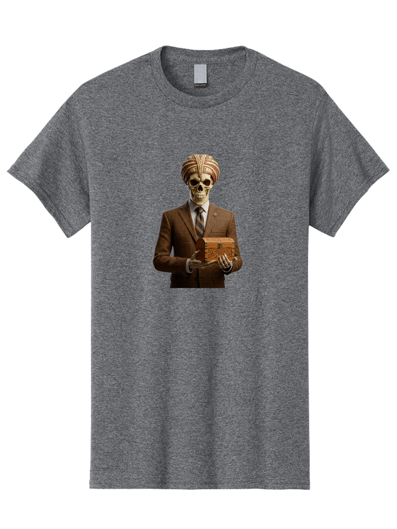 Skeleton-In-Suit-Holding-Box Men'S Graphic Tee, 100% Cotton, Comfortable Casual Summer Wear, Machine Washable, Skeleton Wearing A Suit, Holding A Treasure Chest, Striped Tie, Turban On Head, Business Attire, Mysterious Figure, Ornate Box, Bad575