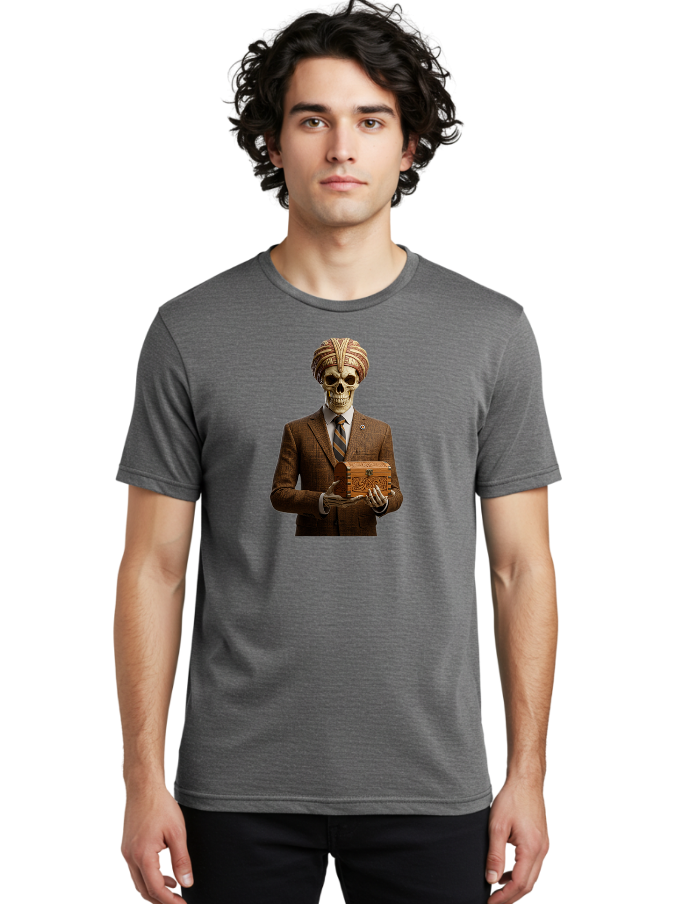 Skeleton-In-Suit-Holding-Box Men'S Graphic Tee, 100% Cotton, Comfortable Casual Summer Wear, Machine Washable, Skeleton Wearing A Suit, Holding A Treasure Chest, Striped Tie, Turban On Head, Business Attire, Mysterious Figure, Ornate Box, Bad575