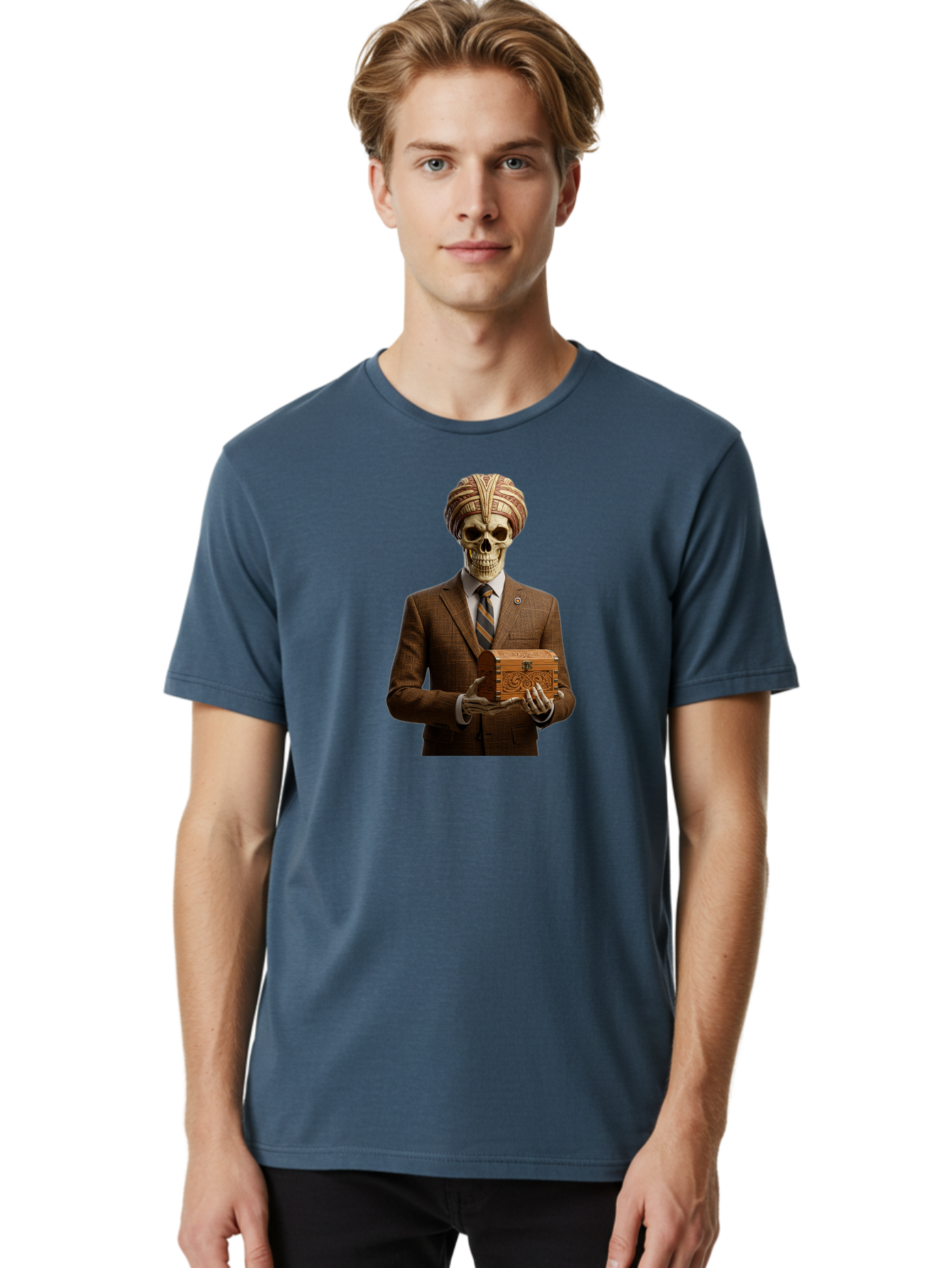 Skeleton-In-Suit-Holding-Box Men'S Graphic Tee, 100% Cotton, Comfortable Casual Summer Wear, Machine Washable, Skeleton Wearing A Suit, Holding A Treasure Chest, Striped Tie, Turban On Head, Business Attire, Mysterious Figure, Ornate Box, Bad575