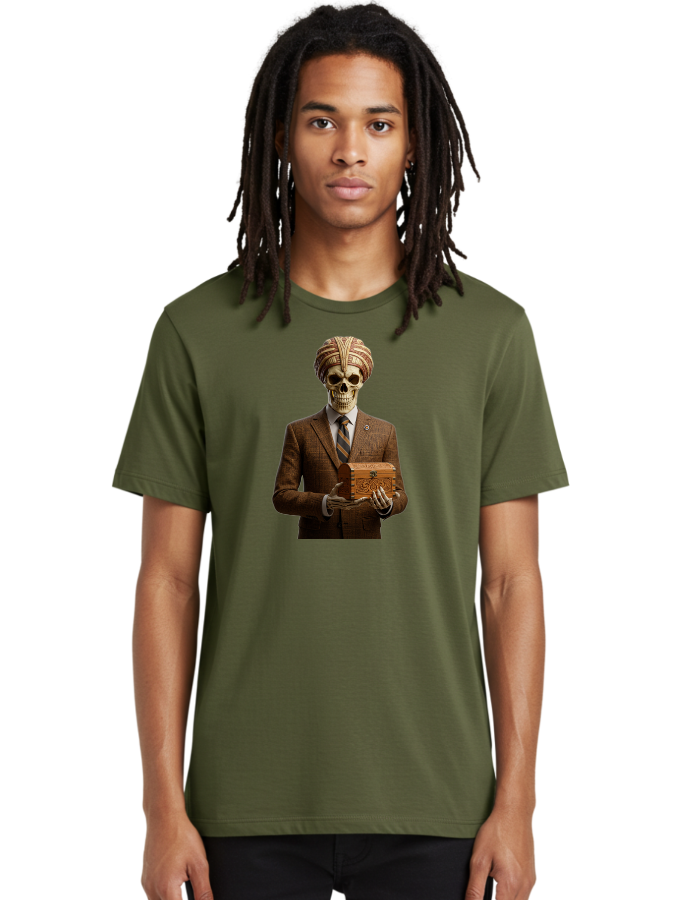 Skeleton-In-Suit-Holding-Box Men'S Graphic Tee, 100% Cotton, Comfortable Casual Summer Wear, Machine Washable, Skeleton Wearing A Suit, Holding A Treasure Chest, Striped Tie, Turban On Head, Business Attire, Mysterious Figure, Ornate Box, Bad575