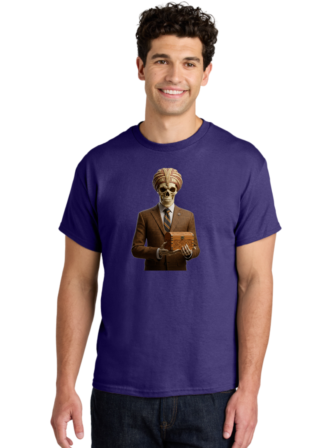 Skeleton-In-Suit-Holding-Box Men'S Graphic Tee, 100% Cotton, Comfortable Casual Summer Wear, Machine Washable, Skeleton Wearing A Suit, Holding A Treasure Chest, Striped Tie, Turban On Head, Business Attire, Mysterious Figure, Ornate Box, Bad575