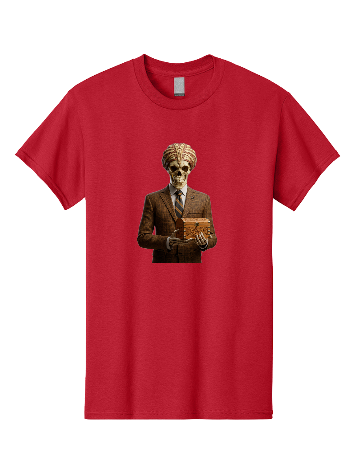 Skeleton-In-Suit-Holding-Box Men'S Graphic Tee, 100% Cotton, Comfortable Casual Summer Wear, Machine Washable, Skeleton Wearing A Suit, Holding A Treasure Chest, Striped Tie, Turban On Head, Business Attire, Mysterious Figure, Ornate Box, Bad575