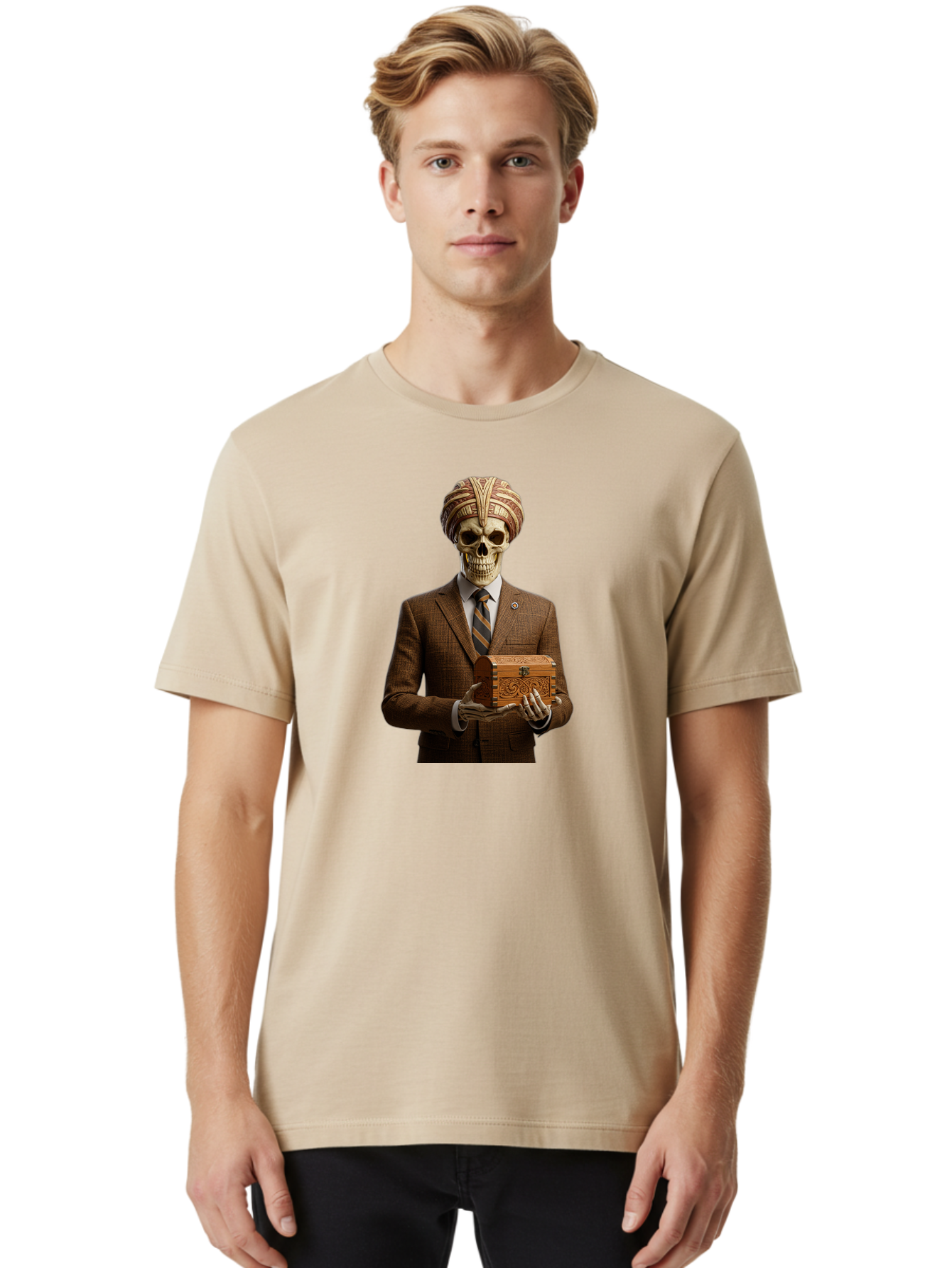 Skeleton-In-Suit-Holding-Box Men'S Graphic Tee, 100% Cotton, Comfortable Casual Summer Wear, Machine Washable, Skeleton Wearing A Suit, Holding A Treasure Chest, Striped Tie, Turban On Head, Business Attire, Mysterious Figure, Ornate Box, Bad575