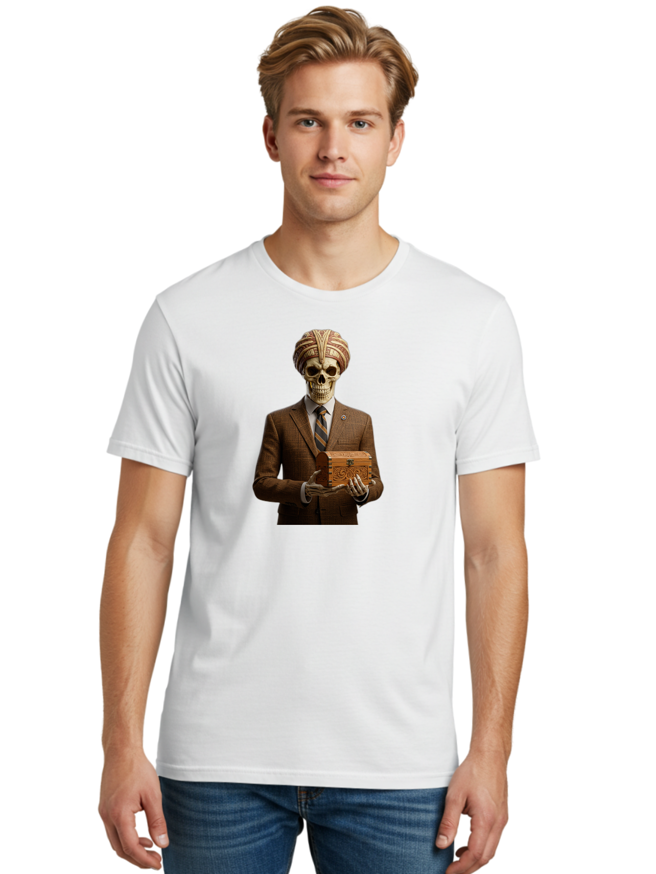 Skeleton-In-Suit-Holding-Box Men'S Graphic Tee, 100% Cotton, Comfortable Casual Summer Wear, Machine Washable, Skeleton Wearing A Suit, Holding A Treasure Chest, Striped Tie, Turban On Head, Business Attire, Mysterious Figure, Ornate Box, Bad575