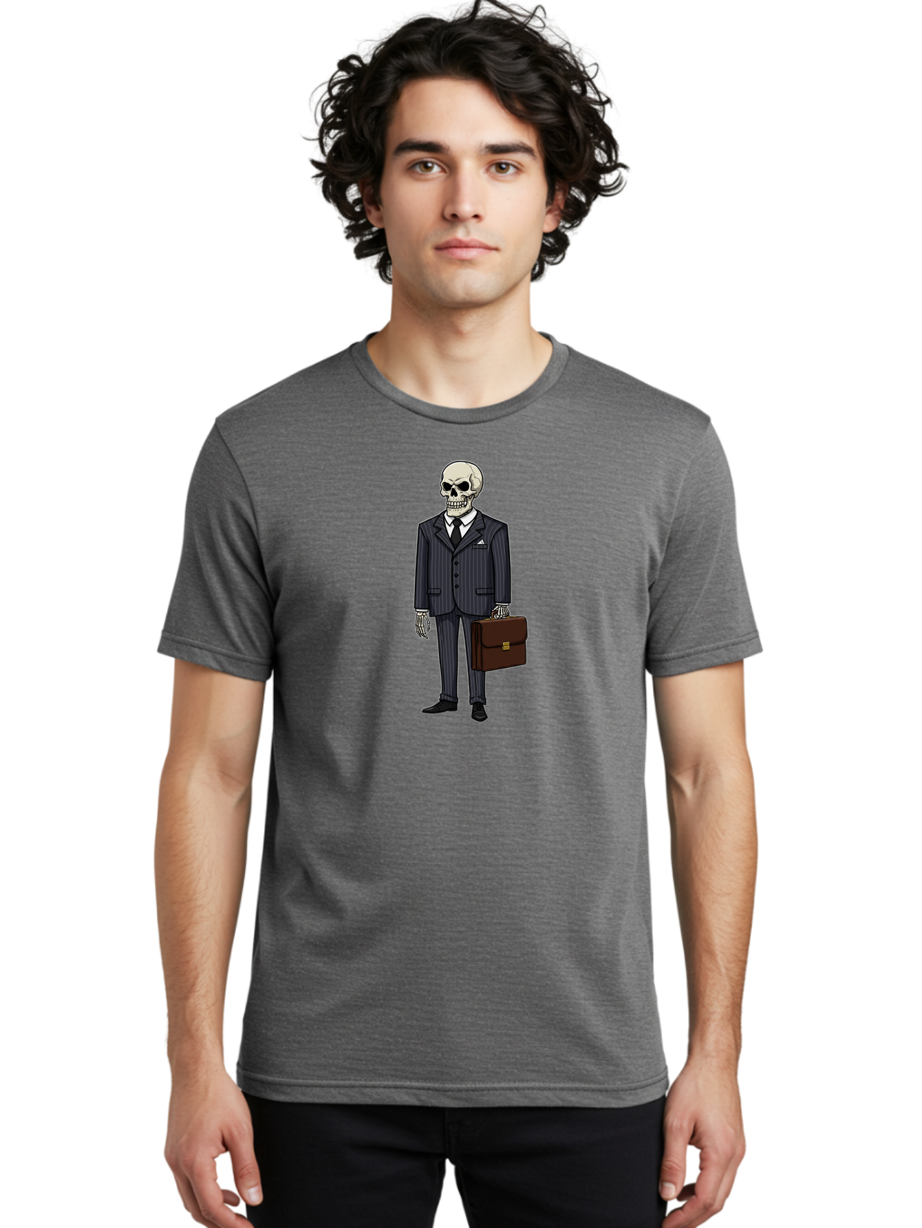 Skeleton-In-Suit Men'S Graphic Tee, 100% Cotton, Comfortable Casual Summer Wear, Machine Washable, Skeleton Wearing A Suit, Briefcase In Hand, Business Attire, Formal Wear, Black Tie, White Shirt, Striped Pants, Corporate Style, Spooky, Bad576