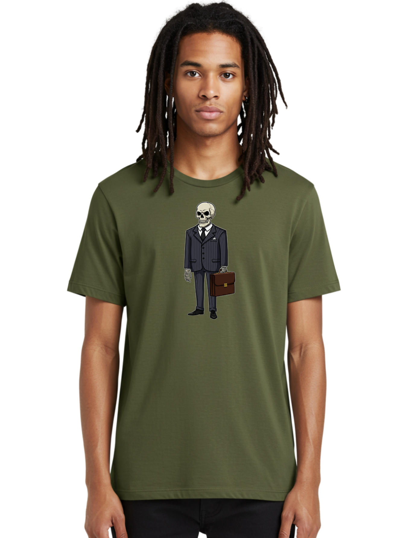 Skeleton-In-Suit Men'S Graphic Tee, 100% Cotton, Comfortable Casual Summer Wear, Machine Washable, Skeleton Wearing A Suit, Briefcase In Hand, Business Attire, Formal Wear, Black Tie, White Shirt, Striped Pants, Corporate Style, Spooky, Bad576