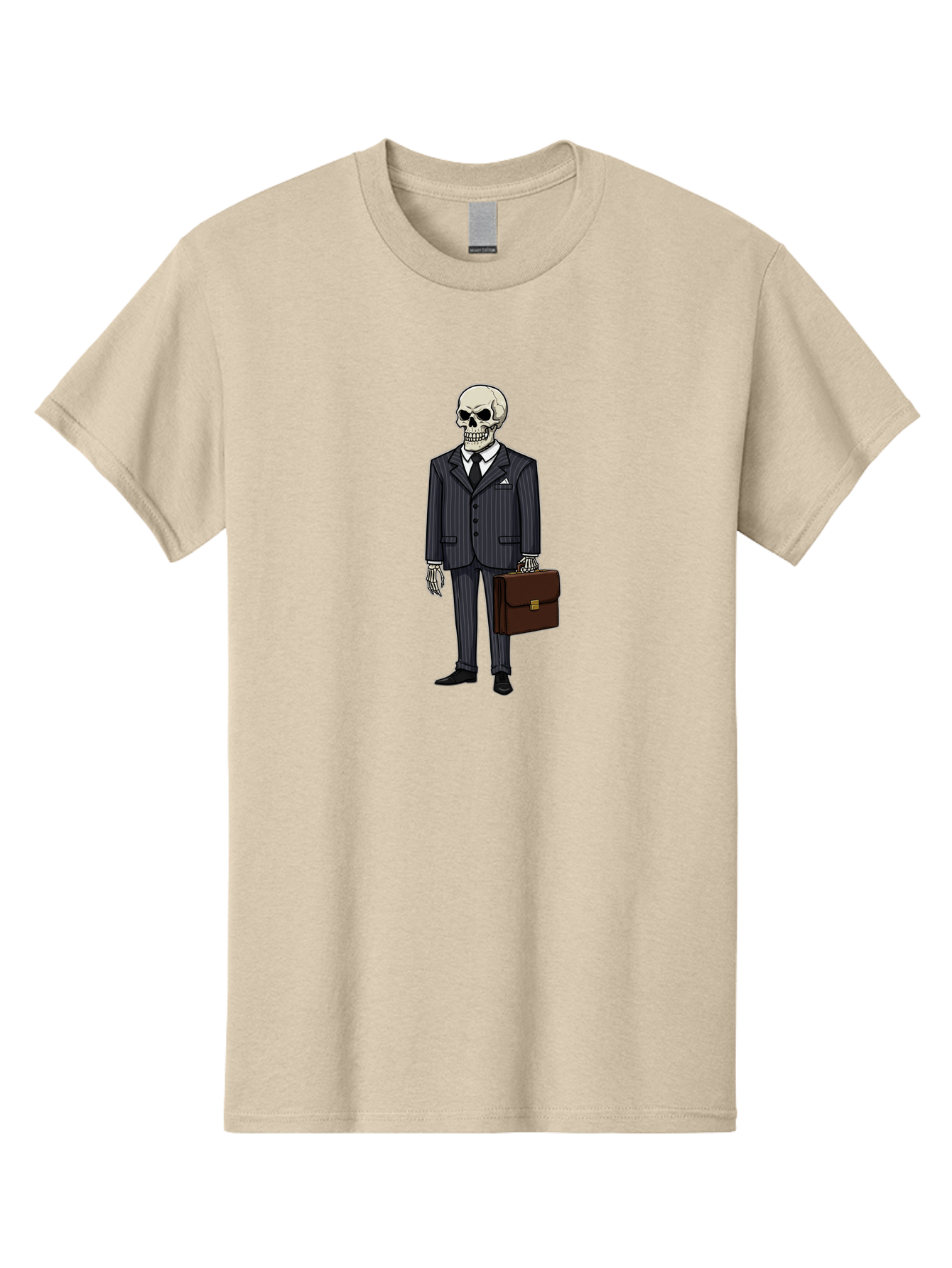 Skeleton-In-Suit Men'S Graphic Tee, 100% Cotton, Comfortable Casual Summer Wear, Machine Washable, Skeleton Wearing A Suit, Briefcase In Hand, Business Attire, Formal Wear, Black Tie, White Shirt, Striped Pants, Corporate Style, Spooky, Bad576