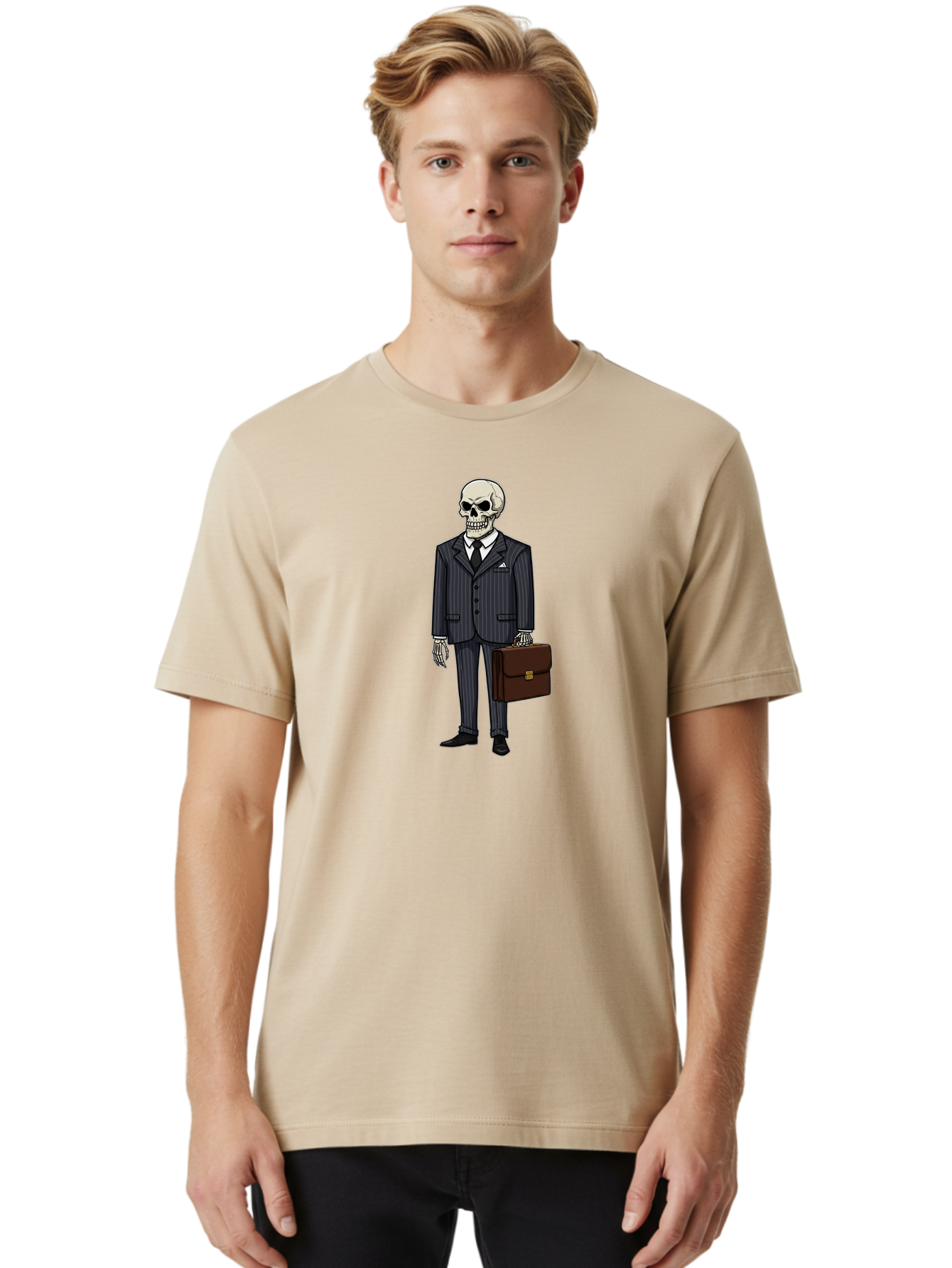 Skeleton-In-Suit Men'S Graphic Tee, 100% Cotton, Comfortable Casual Summer Wear, Machine Washable, Skeleton Wearing A Suit, Briefcase In Hand, Business Attire, Formal Wear, Black Tie, White Shirt, Striped Pants, Corporate Style, Spooky, Bad576