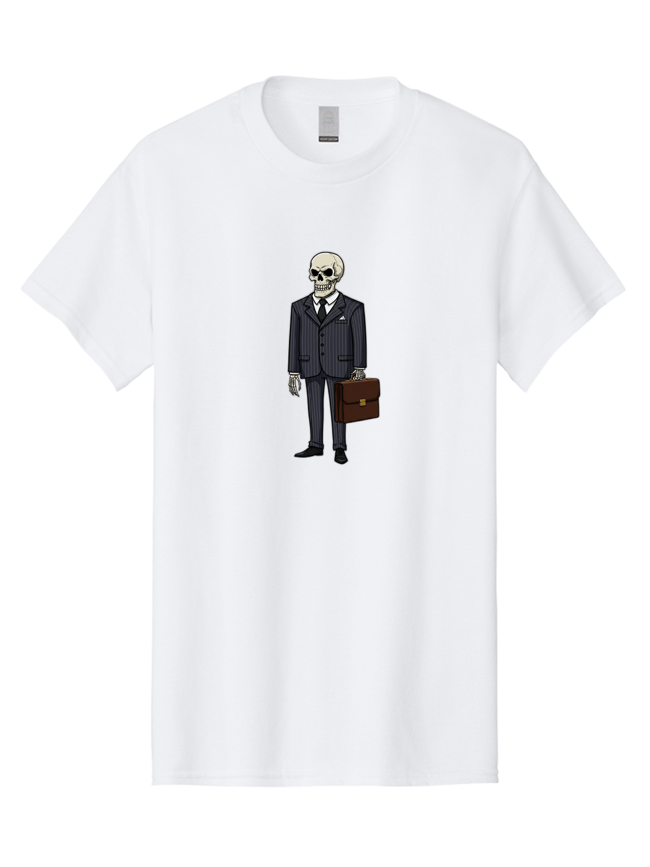 Skeleton-In-Suit Men'S Graphic Tee, 100% Cotton, Comfortable Casual Summer Wear, Machine Washable, Skeleton Wearing A Suit, Briefcase In Hand, Business Attire, Formal Wear, Black Tie, White Shirt, Striped Pants, Corporate Style, Spooky, Bad576