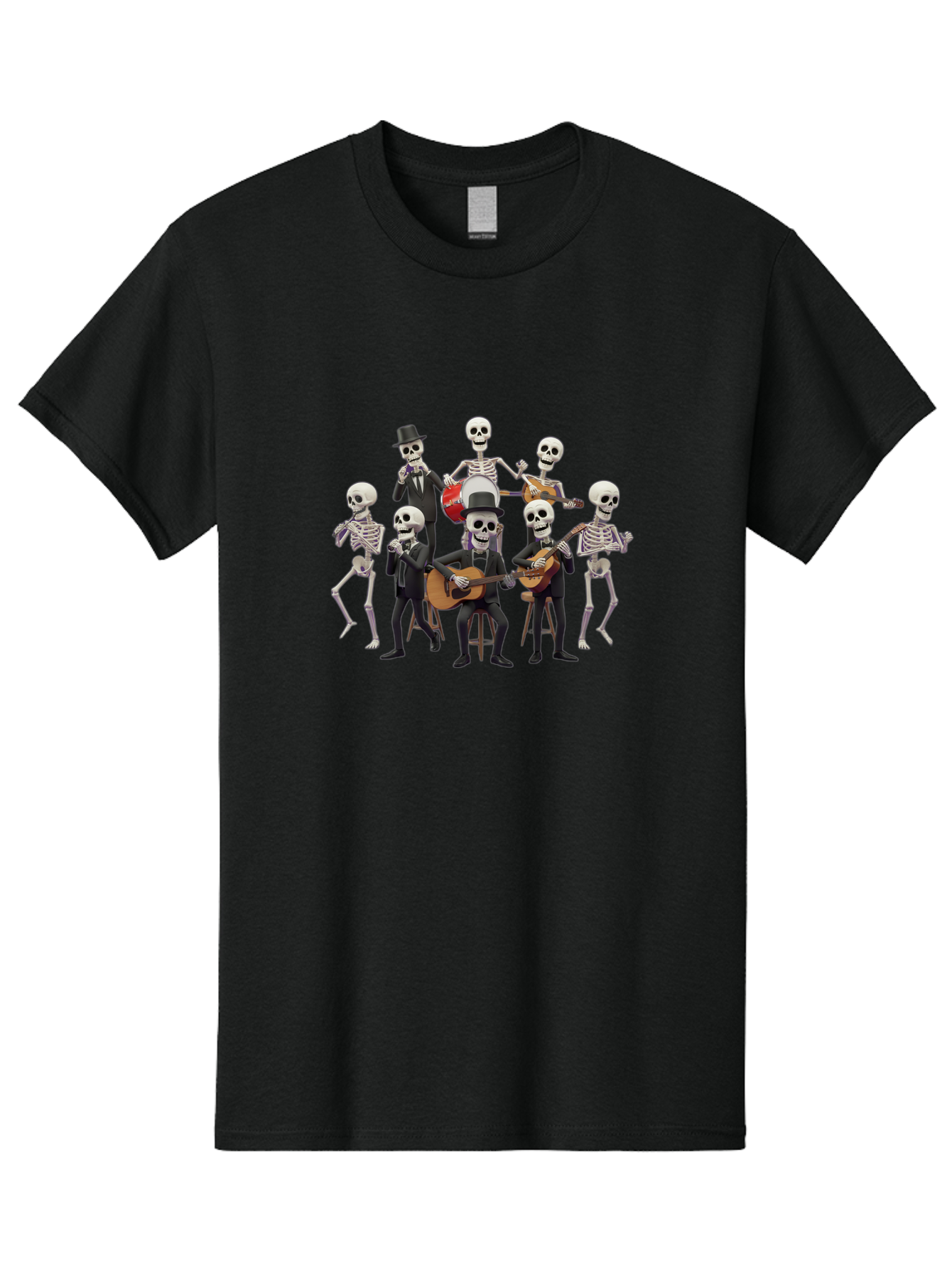 Skeletons-Playing-Music Men'S Graphic Tee, 100% Cotton, Comfortable Casual Summer Wear, Machine Washable, Skeletons In Suits, Playing Guitars, Dancing, Black Suits, Top Hats, Skulls, Bones, Musical Instruments, Mariachi Band, Day Of The Dead Bad578