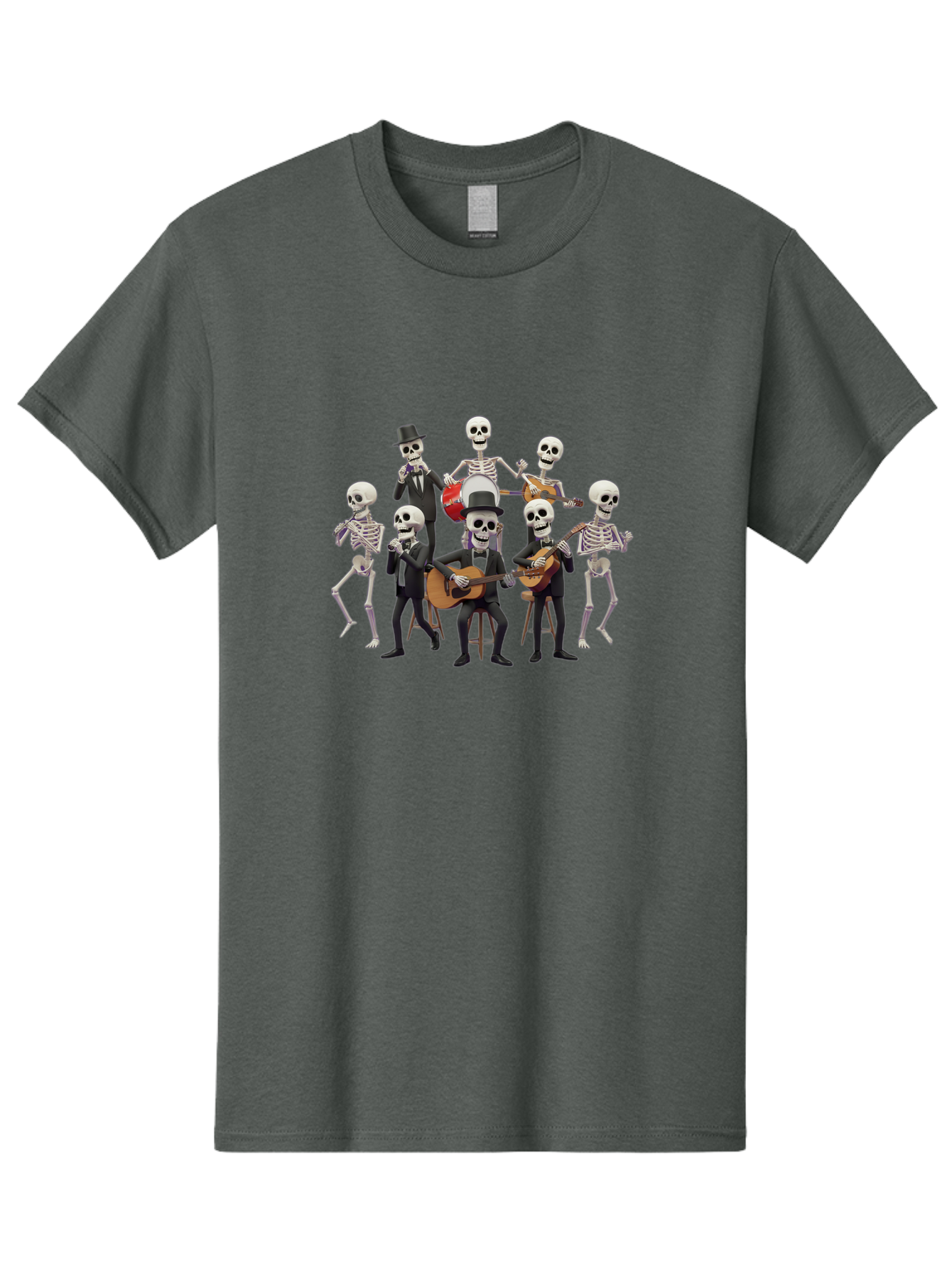 Skeletons-Playing-Music Men'S Graphic Tee, 100% Cotton, Comfortable Casual Summer Wear, Machine Washable, Skeletons In Suits, Playing Guitars, Dancing, Black Suits, Top Hats, Skulls, Bones, Musical Instruments, Mariachi Band, Day Of The Dead Bad578