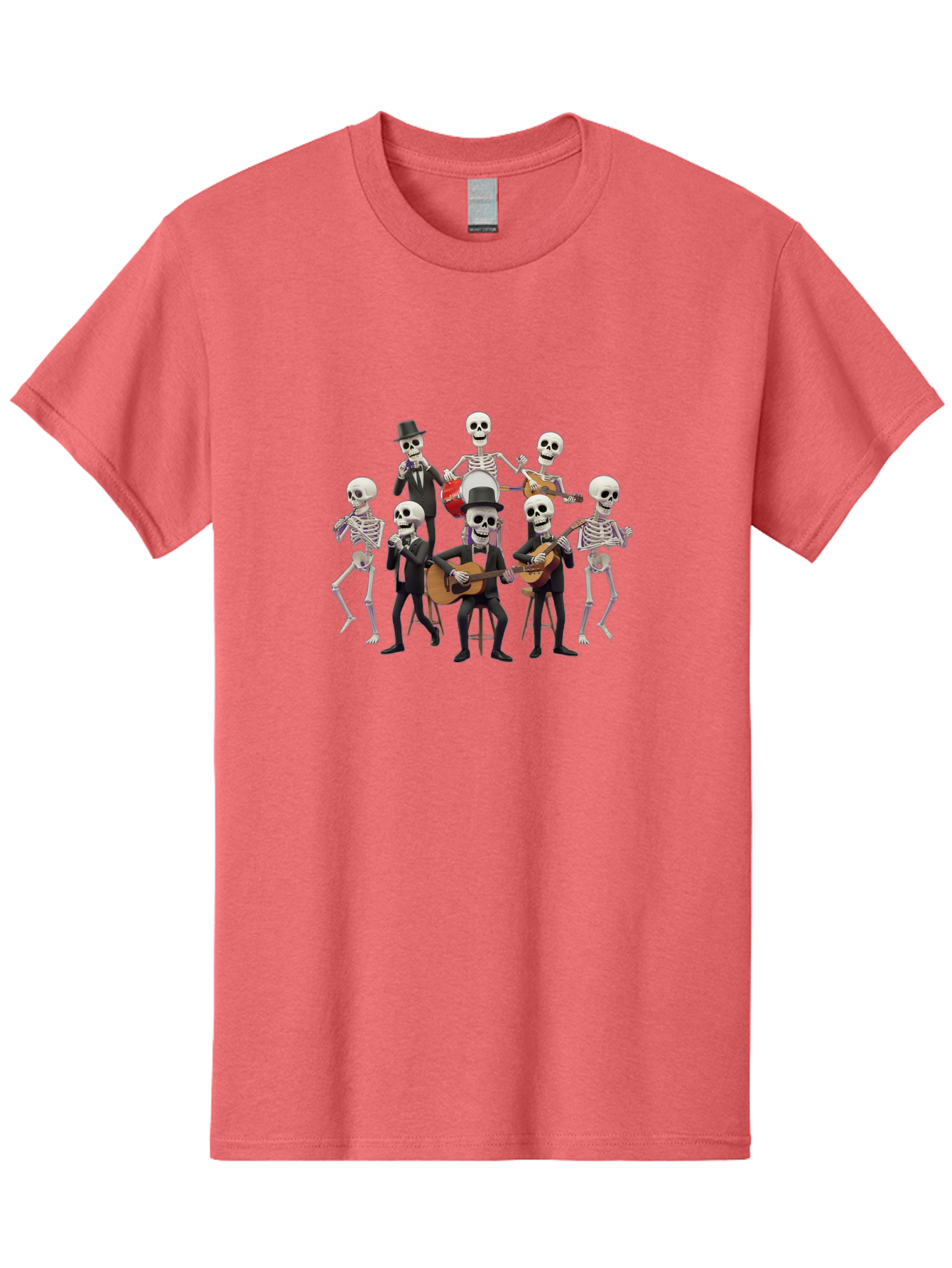 Skeletons-Playing-Music Men'S Graphic Tee, 100% Cotton, Comfortable Casual Summer Wear, Machine Washable, Skeletons In Suits, Playing Guitars, Dancing, Black Suits, Top Hats, Skulls, Bones, Musical Instruments, Mariachi Band, Day Of The Dead Bad578