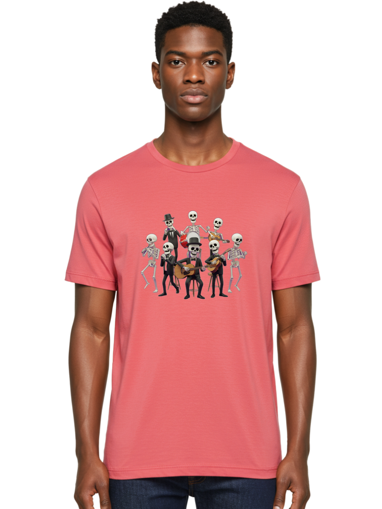 Skeletons-Playing-Music Men'S Graphic Tee, 100% Cotton, Comfortable Casual Summer Wear, Machine Washable, Skeletons In Suits, Playing Guitars, Dancing, Black Suits, Top Hats, Skulls, Bones, Musical Instruments, Mariachi Band, Day Of The Dead Bad578
