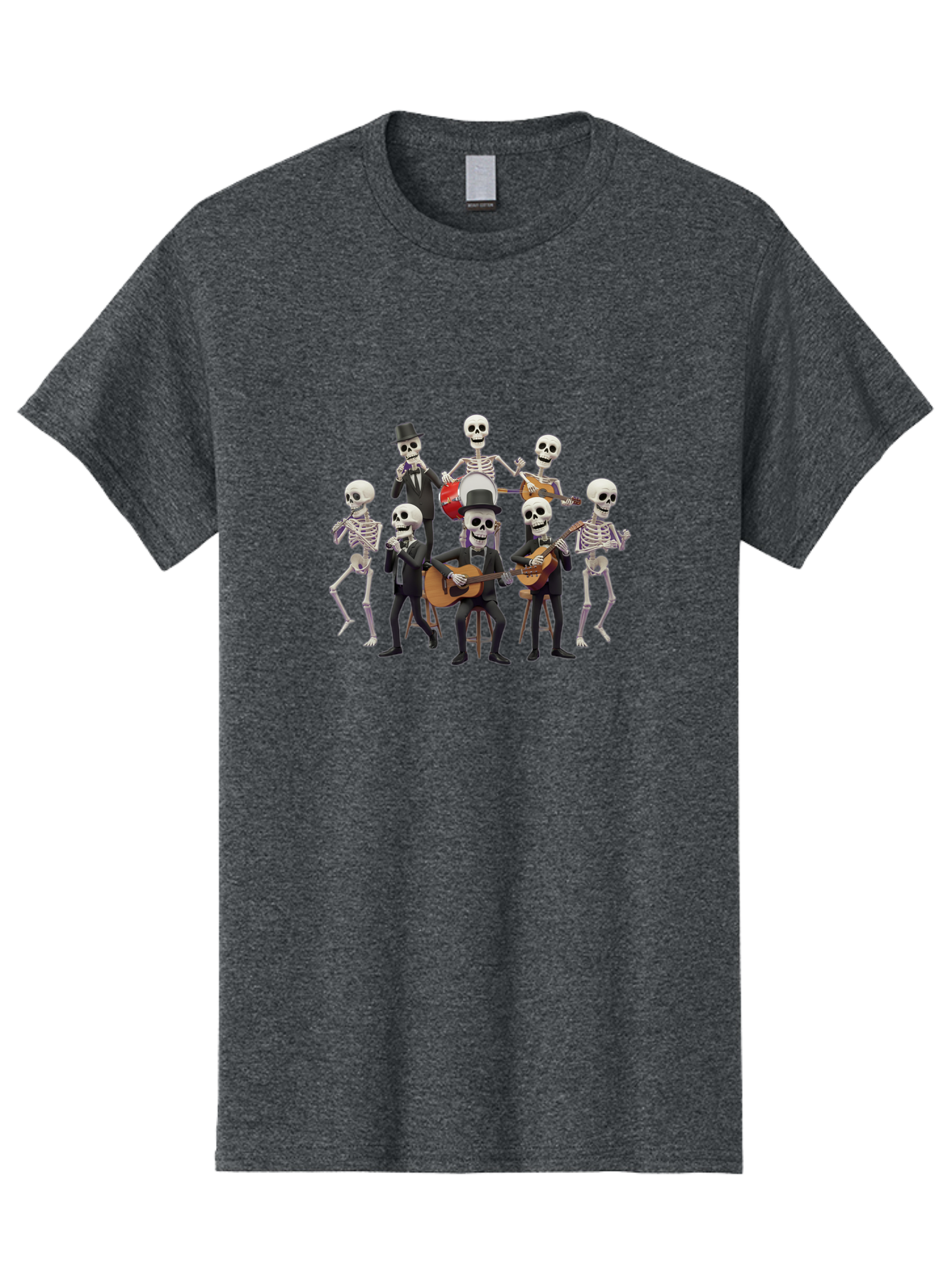 Skeletons-Playing-Music Men'S Graphic Tee, 100% Cotton, Comfortable Casual Summer Wear, Machine Washable, Skeletons In Suits, Playing Guitars, Dancing, Black Suits, Top Hats, Skulls, Bones, Musical Instruments, Mariachi Band, Day Of The Dead Bad578