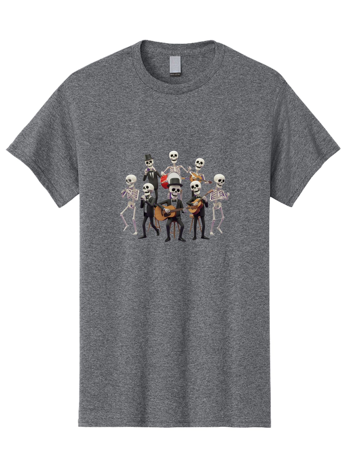 Skeletons-Playing-Music Men'S Graphic Tee, 100% Cotton, Comfortable Casual Summer Wear, Machine Washable, Skeletons In Suits, Playing Guitars, Dancing, Black Suits, Top Hats, Skulls, Bones, Musical Instruments, Mariachi Band, Day Of The Dead Bad578