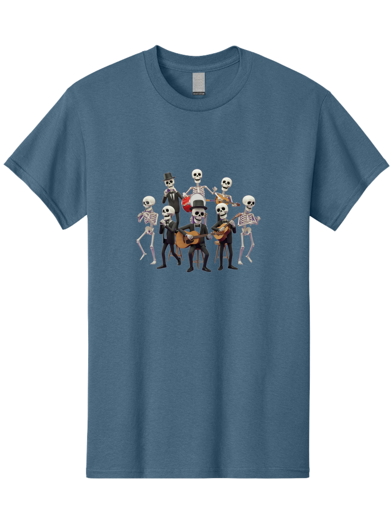 Skeletons-Playing-Music Men'S Graphic Tee, 100% Cotton, Comfortable Casual Summer Wear, Machine Washable, Skeletons In Suits, Playing Guitars, Dancing, Black Suits, Top Hats, Skulls, Bones, Musical Instruments, Mariachi Band, Day Of The Dead Bad578