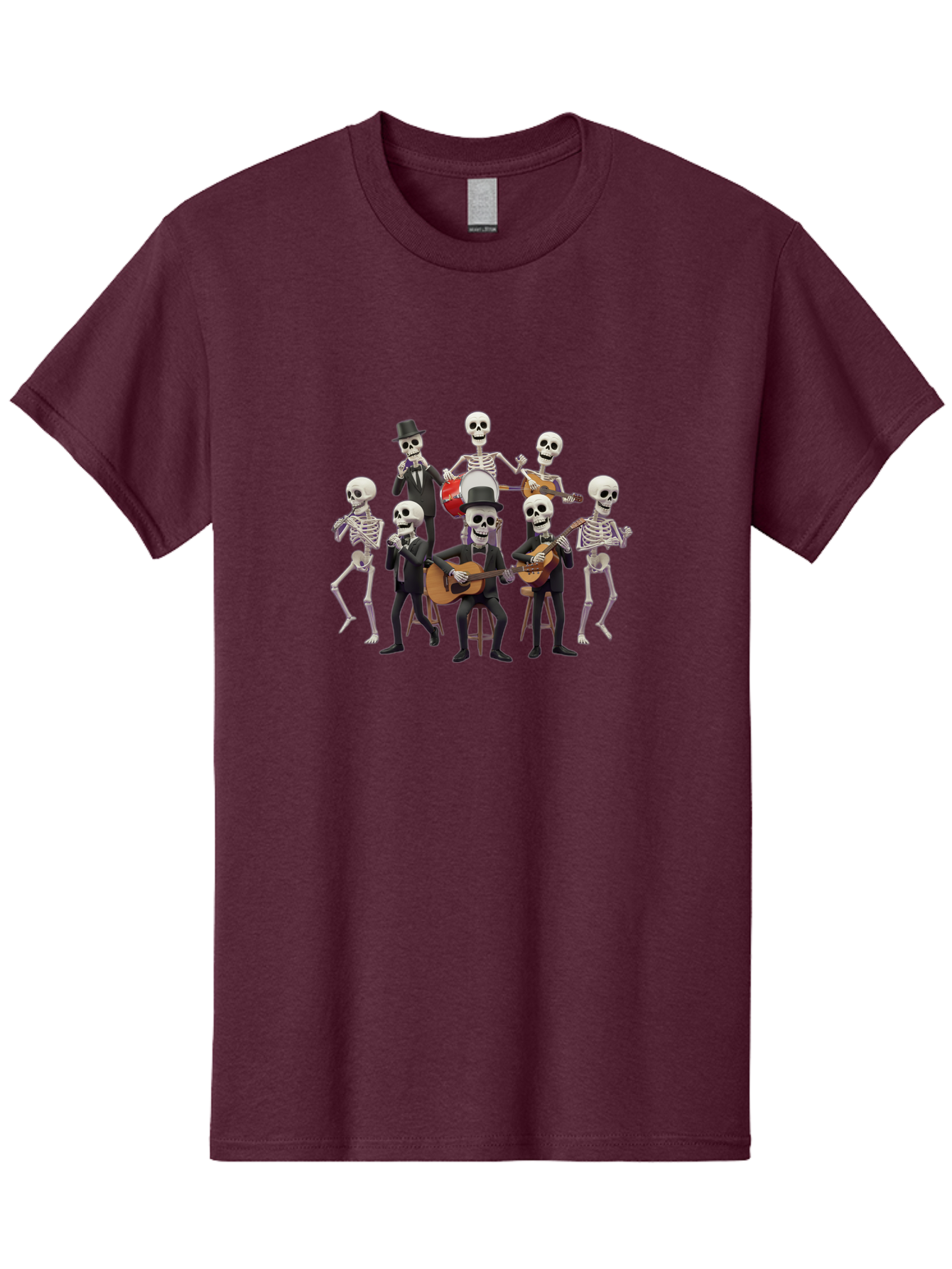 Skeletons-Playing-Music Men'S Graphic Tee, 100% Cotton, Comfortable Casual Summer Wear, Machine Washable, Skeletons In Suits, Playing Guitars, Dancing, Black Suits, Top Hats, Skulls, Bones, Musical Instruments, Mariachi Band, Day Of The Dead Bad578