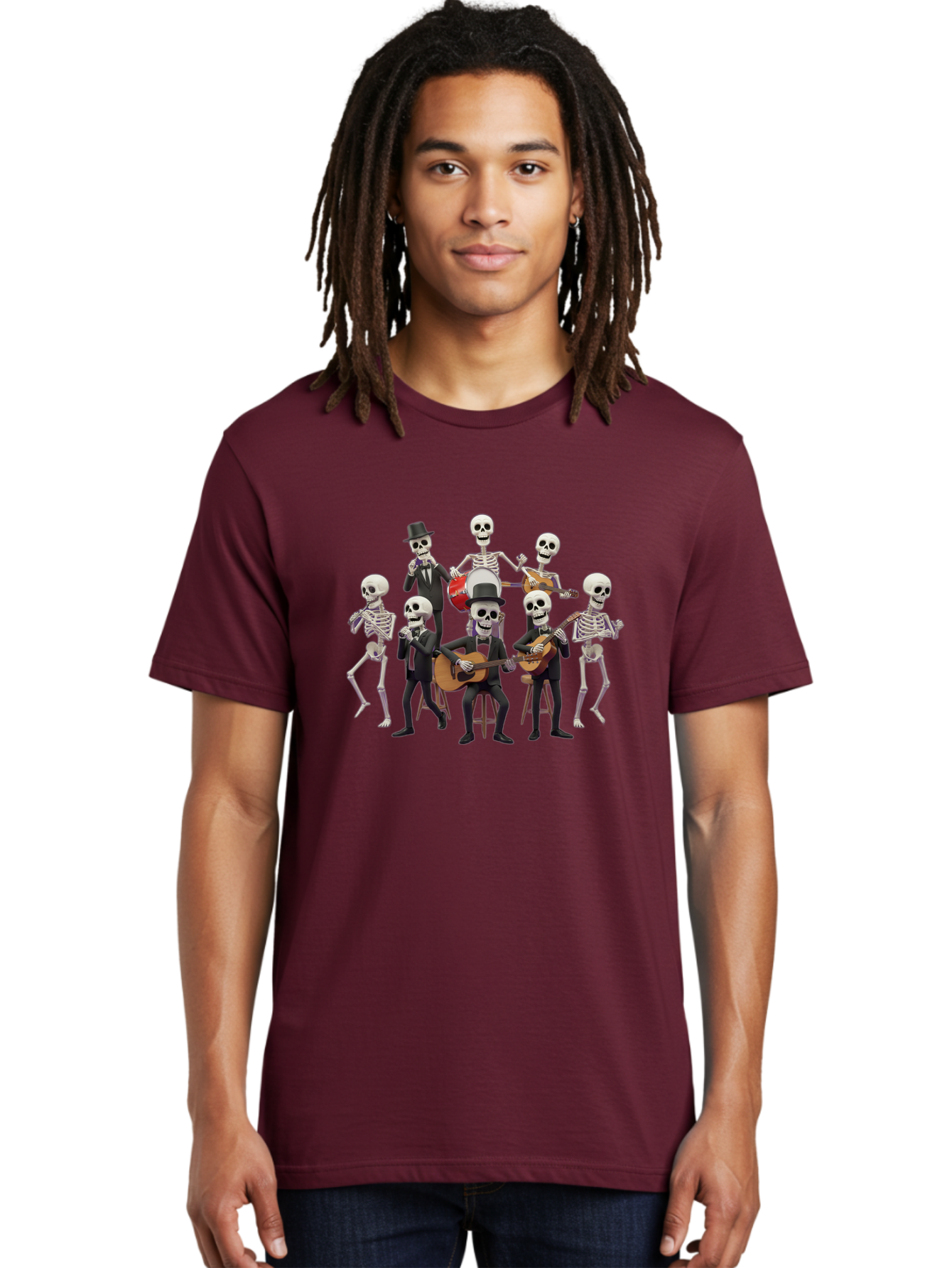 Skeletons-Playing-Music Men'S Graphic Tee, 100% Cotton, Comfortable Casual Summer Wear, Machine Washable, Skeletons In Suits, Playing Guitars, Dancing, Black Suits, Top Hats, Skulls, Bones, Musical Instruments, Mariachi Band, Day Of The Dead Bad578