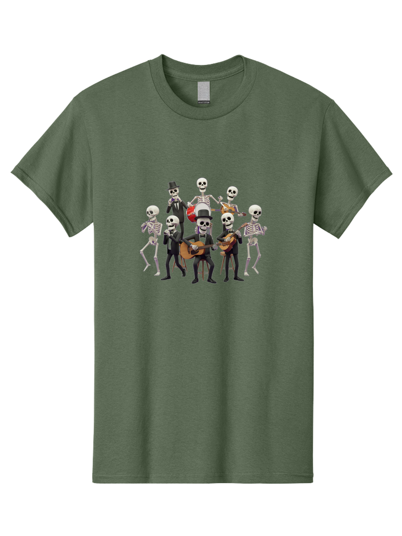 Skeletons-Playing-Music Men'S Graphic Tee, 100% Cotton, Comfortable Casual Summer Wear, Machine Washable, Skeletons In Suits, Playing Guitars, Dancing, Black Suits, Top Hats, Skulls, Bones, Musical Instruments, Mariachi Band, Day Of The Dead Bad578