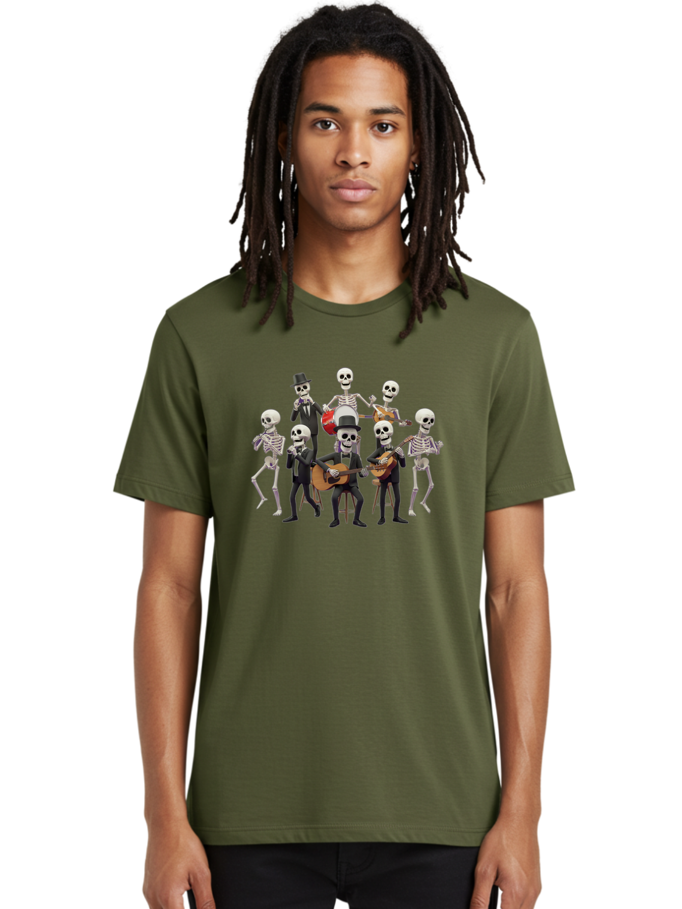 Skeletons-Playing-Music Men'S Graphic Tee, 100% Cotton, Comfortable Casual Summer Wear, Machine Washable, Skeletons In Suits, Playing Guitars, Dancing, Black Suits, Top Hats, Skulls, Bones, Musical Instruments, Mariachi Band, Day Of The Dead Bad578