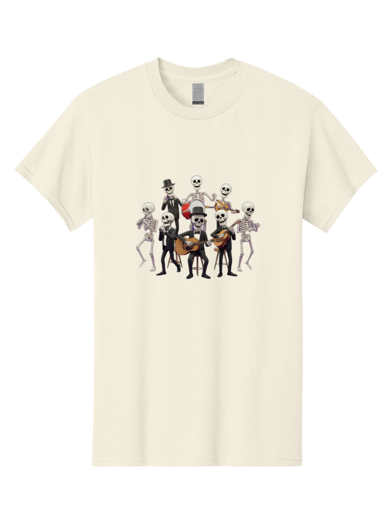 Skeletons-Playing-Music Men'S Graphic Tee, 100% Cotton, Comfortable Casual Summer Wear, Machine Washable, Skeletons In Suits, Playing Guitars, Dancing, Black Suits, Top Hats, Skulls, Bones, Musical Instruments, Mariachi Band, Day Of The Dead Bad578