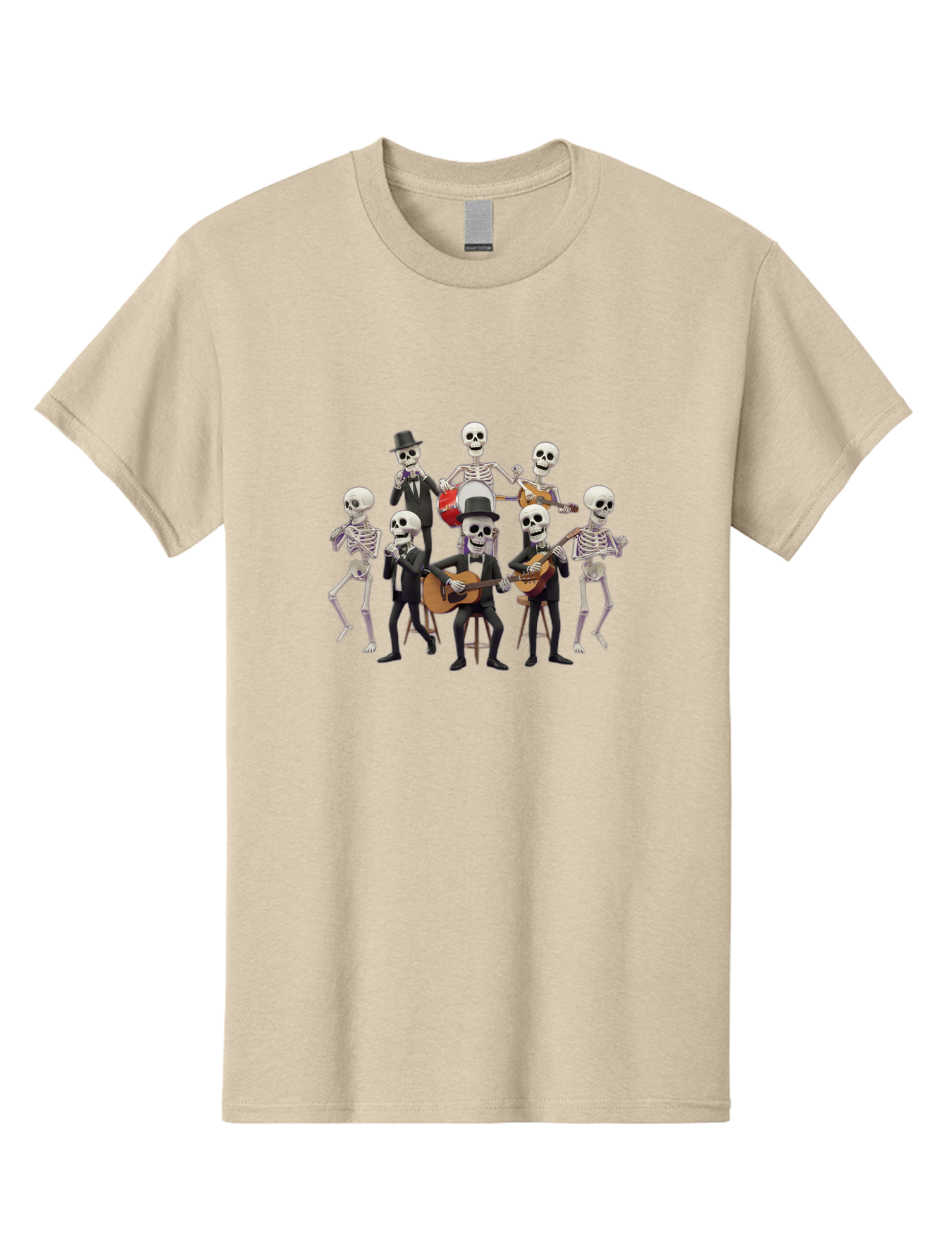 Skeletons-Playing-Music Men'S Graphic Tee, 100% Cotton, Comfortable Casual Summer Wear, Machine Washable, Skeletons In Suits, Playing Guitars, Dancing, Black Suits, Top Hats, Skulls, Bones, Musical Instruments, Mariachi Band, Day Of The Dead Bad578