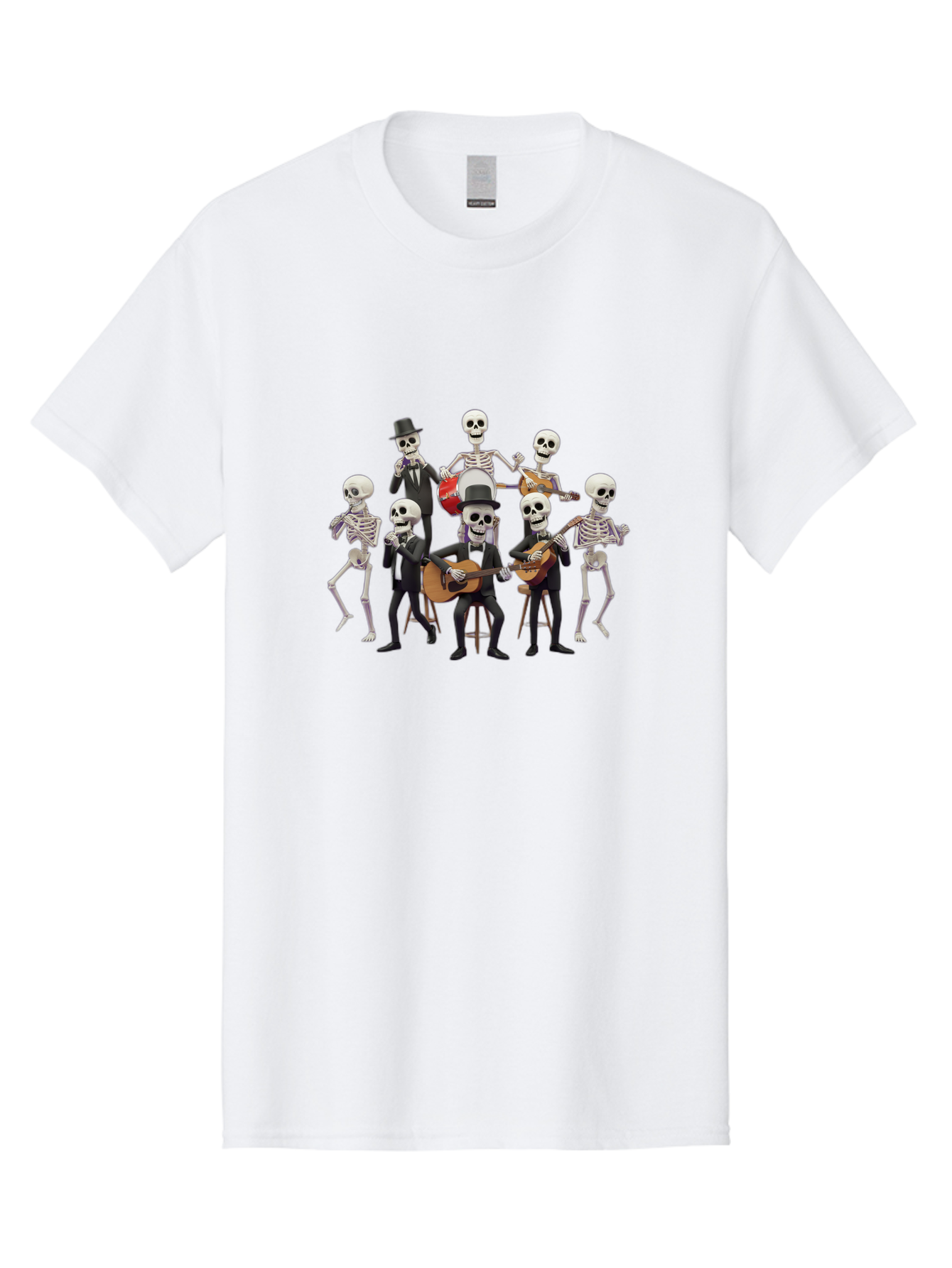 Skeletons-Playing-Music Men'S Graphic Tee, 100% Cotton, Comfortable Casual Summer Wear, Machine Washable, Skeletons In Suits, Playing Guitars, Dancing, Black Suits, Top Hats, Skulls, Bones, Musical Instruments, Mariachi Band, Day Of The Dead Bad578