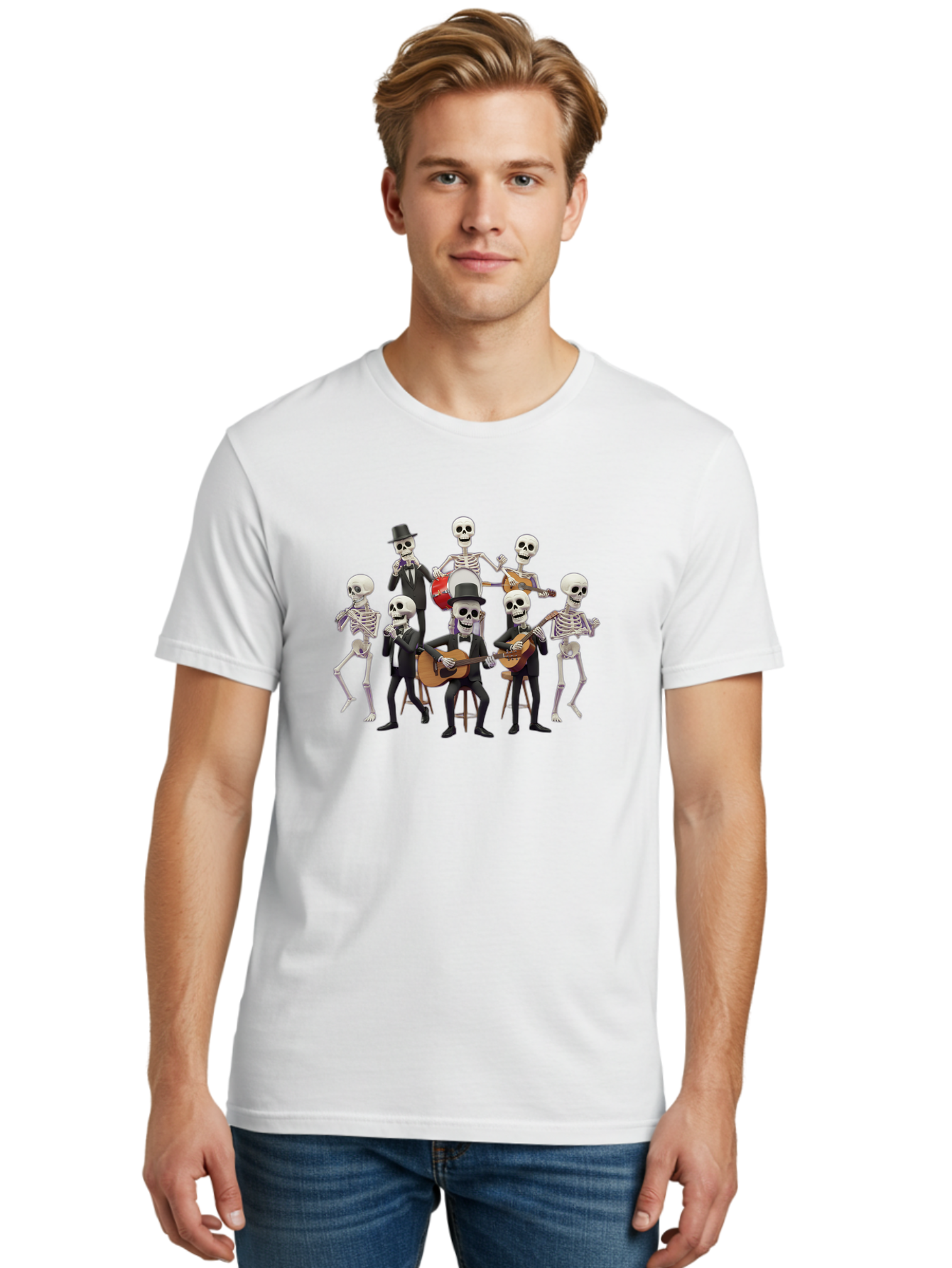 Skeletons-Playing-Music Men'S Graphic Tee, 100% Cotton, Comfortable Casual Summer Wear, Machine Washable, Skeletons In Suits, Playing Guitars, Dancing, Black Suits, Top Hats, Skulls, Bones, Musical Instruments, Mariachi Band, Day Of The Dead Bad578
