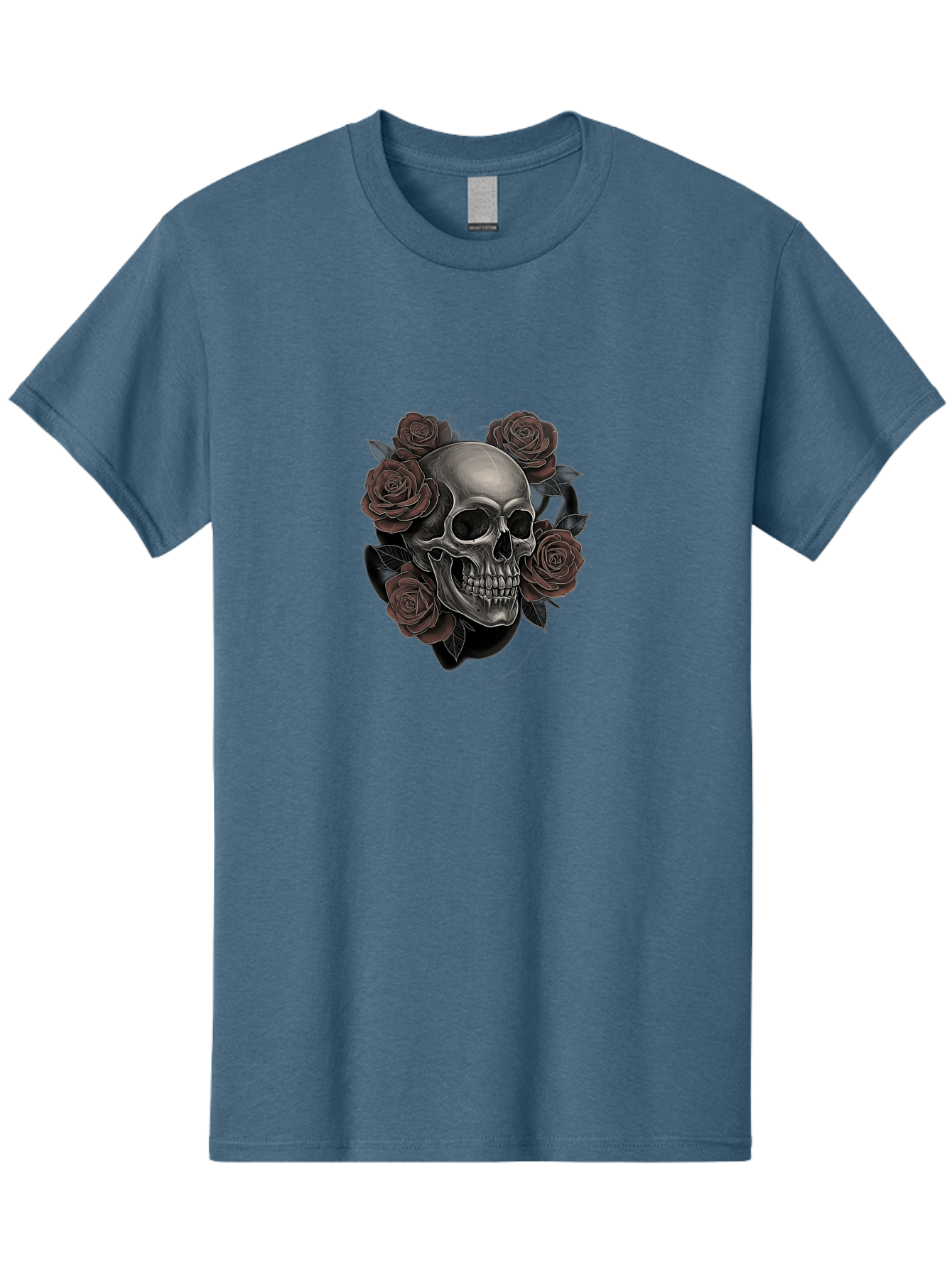 Skull-And-Roses Men'S Graphic Tee, 100% Cotton, Comfortable Casual Summer Wear, Machine Washable, Skull Illustration, Dark Roses, Gothic Art, Tattoo Design, Human Skull, Floral Arrangement, Dark Art, Monochromatic, Dramatic Effect, Bad579