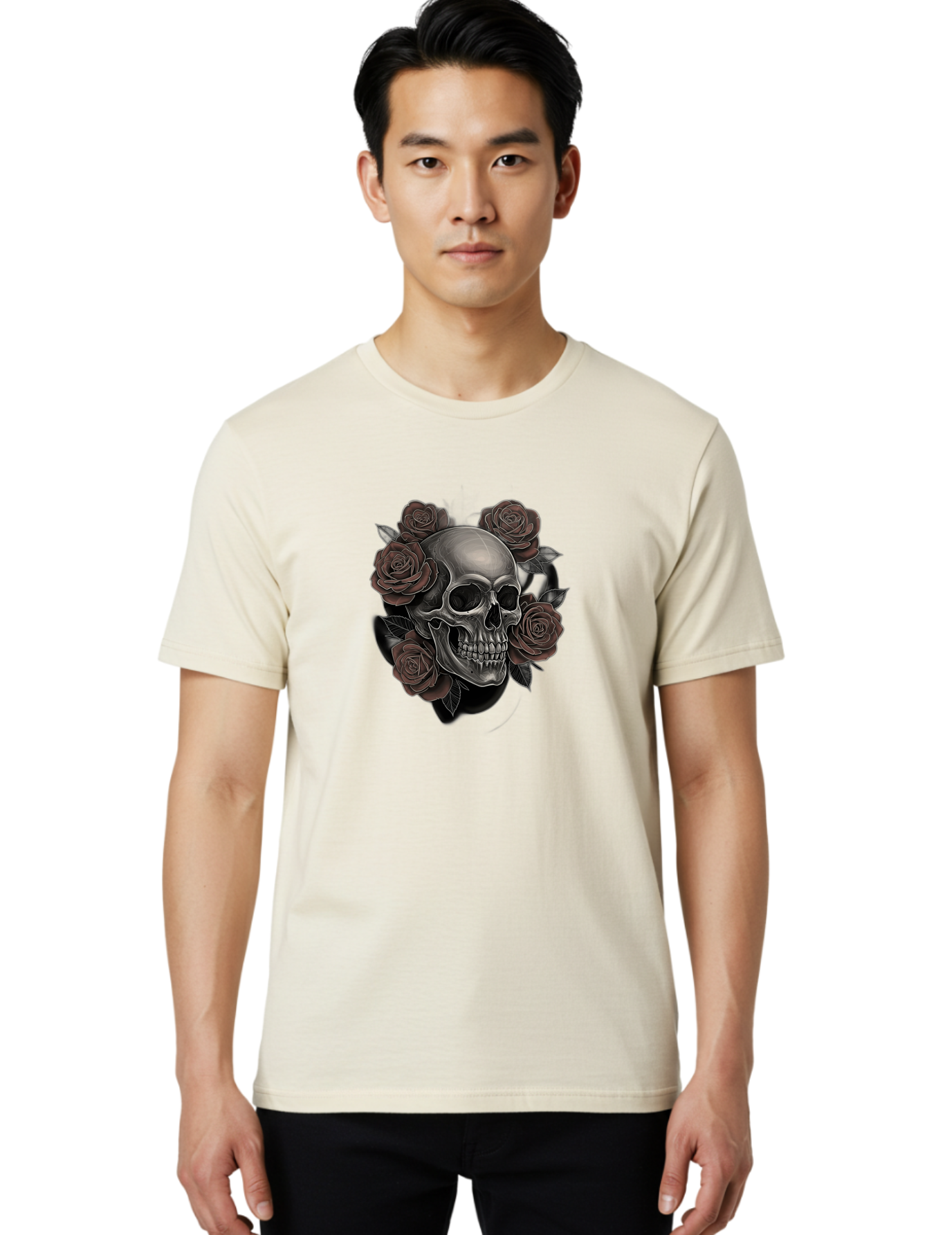 Skull-And-Roses Men'S Graphic Tee, 100% Cotton, Comfortable Casual Summer Wear, Machine Washable, Skull Illustration, Dark Roses, Gothic Art, Tattoo Design, Human Skull, Floral Arrangement, Dark Art, Monochromatic, Dramatic Effect, Bad579