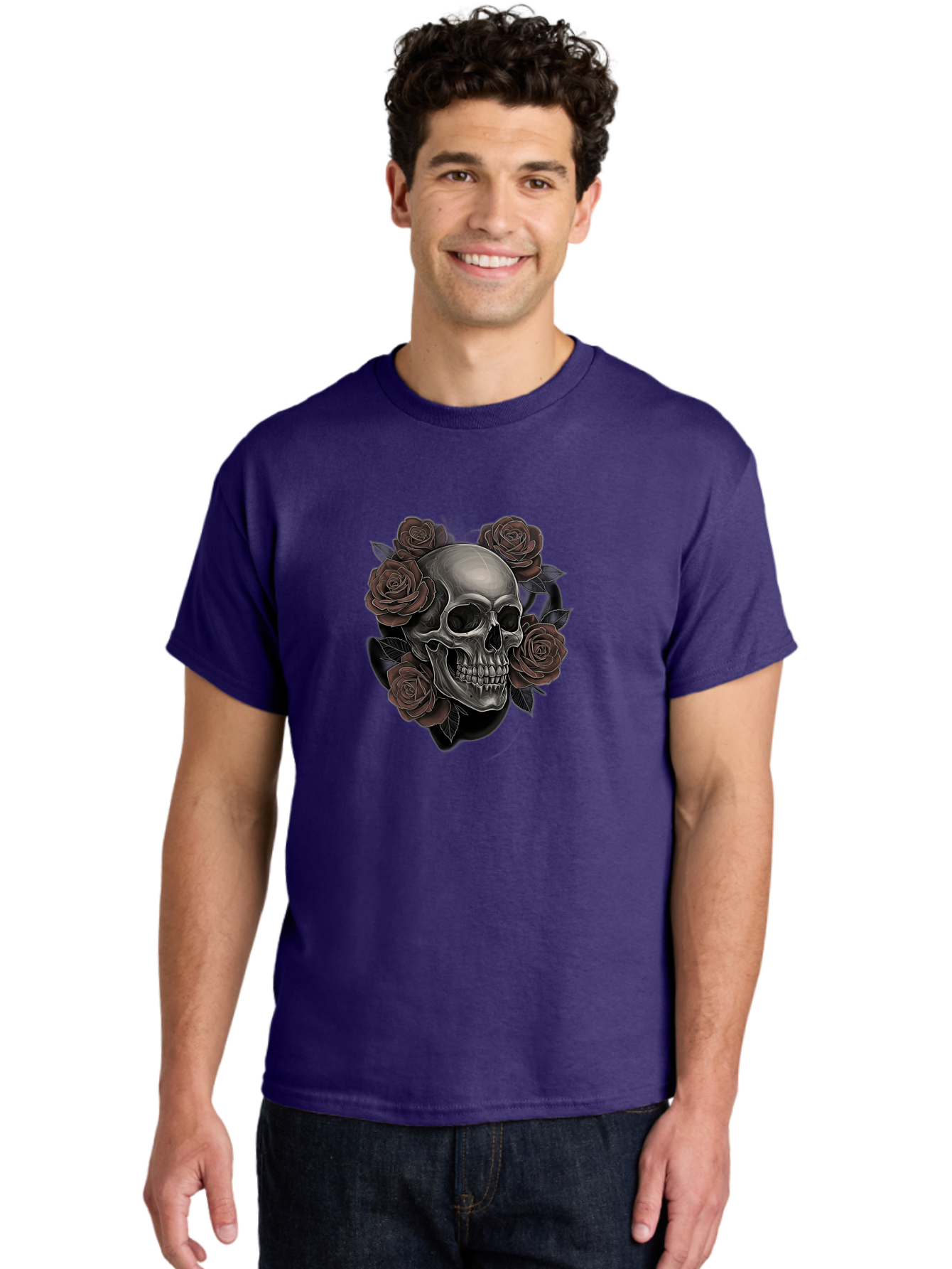 Skull-And-Roses Men'S Graphic Tee, 100% Cotton, Comfortable Casual Summer Wear, Machine Washable, Skull Illustration, Dark Roses, Gothic Art, Tattoo Design, Human Skull, Floral Arrangement, Dark Art, Monochromatic, Dramatic Effect, Bad579