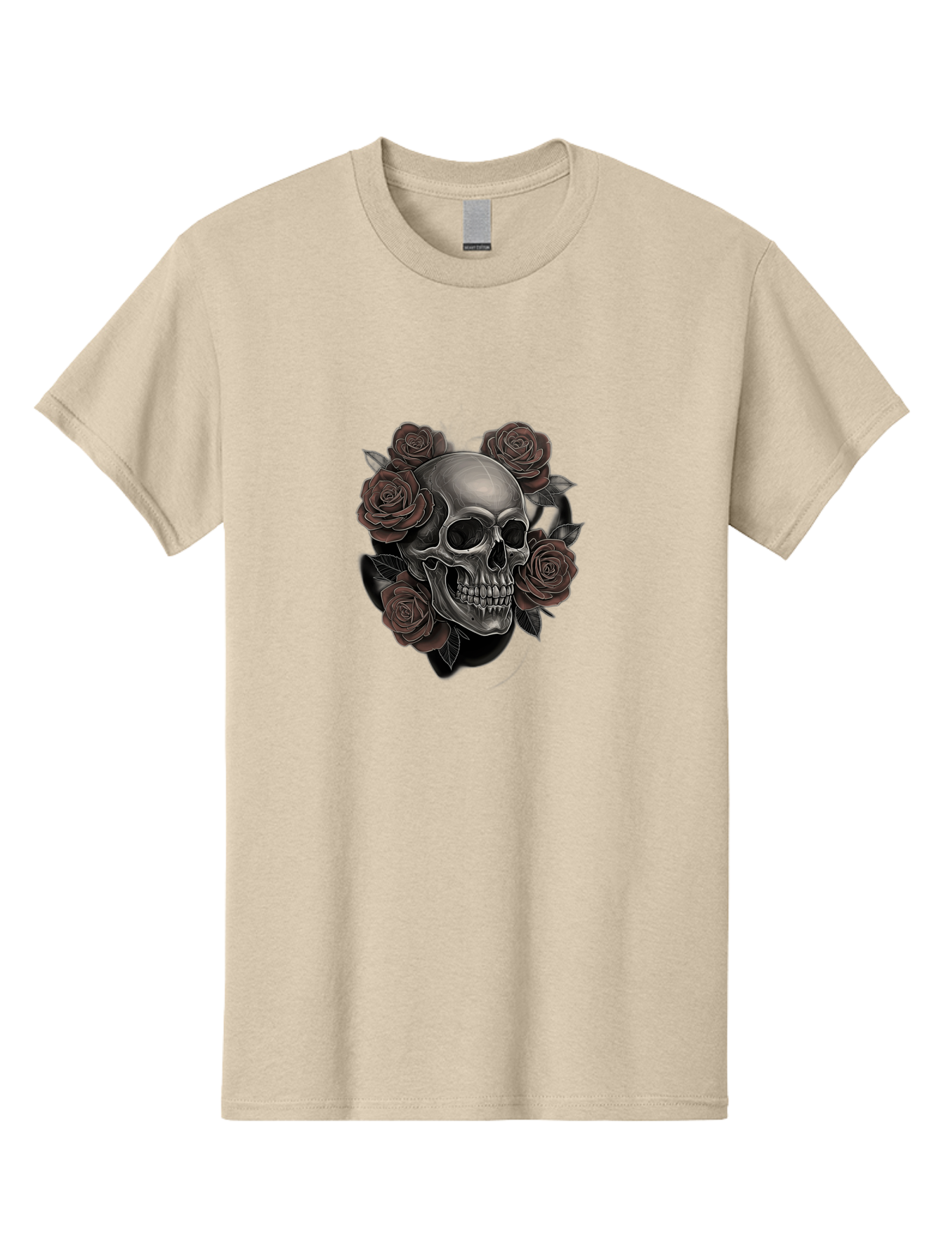 Skull-And-Roses Men'S Graphic Tee, 100% Cotton, Comfortable Casual Summer Wear, Machine Washable, Skull Illustration, Dark Roses, Gothic Art, Tattoo Design, Human Skull, Floral Arrangement, Dark Art, Monochromatic, Dramatic Effect, Bad579
