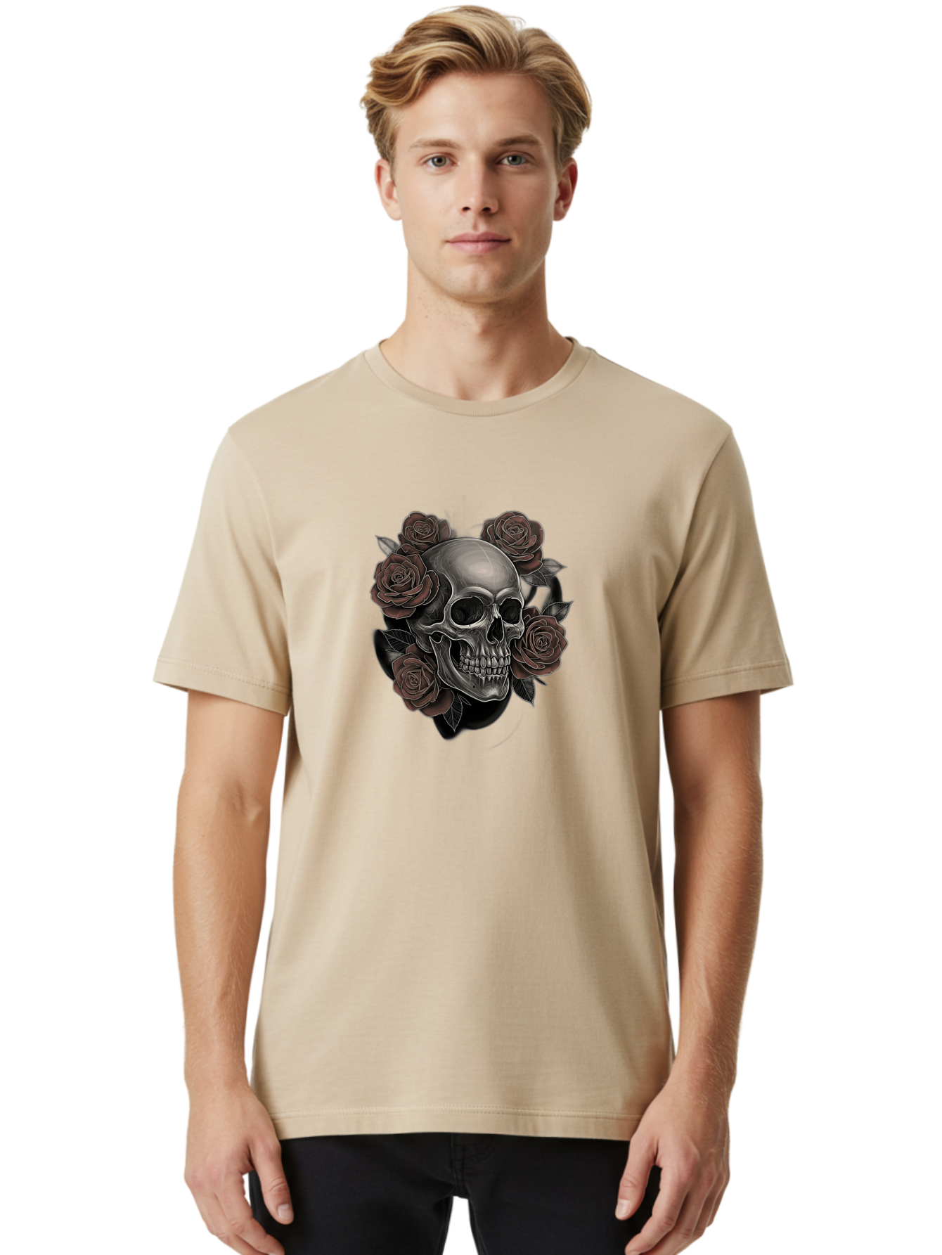Skull-And-Roses Men'S Graphic Tee, 100% Cotton, Comfortable Casual Summer Wear, Machine Washable, Skull Illustration, Dark Roses, Gothic Art, Tattoo Design, Human Skull, Floral Arrangement, Dark Art, Monochromatic, Dramatic Effect, Bad579