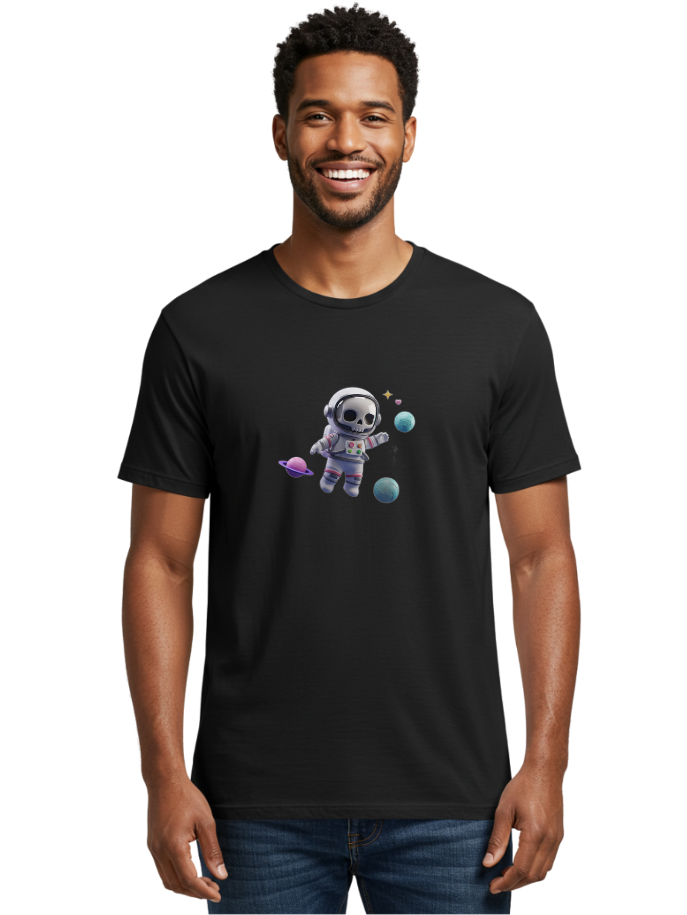 Skull-Astronaut Men'S Graphic Tee, 100% Cotton, Comfortable Casual Summer Wear, Machine Washable, Skeleton Astronaut, Space Travel, Planets, Stars, Galaxy Exploration, Futuristic, Sci-Fi, Cosmic Adventure, Space Suit, Digital Art, Bad580