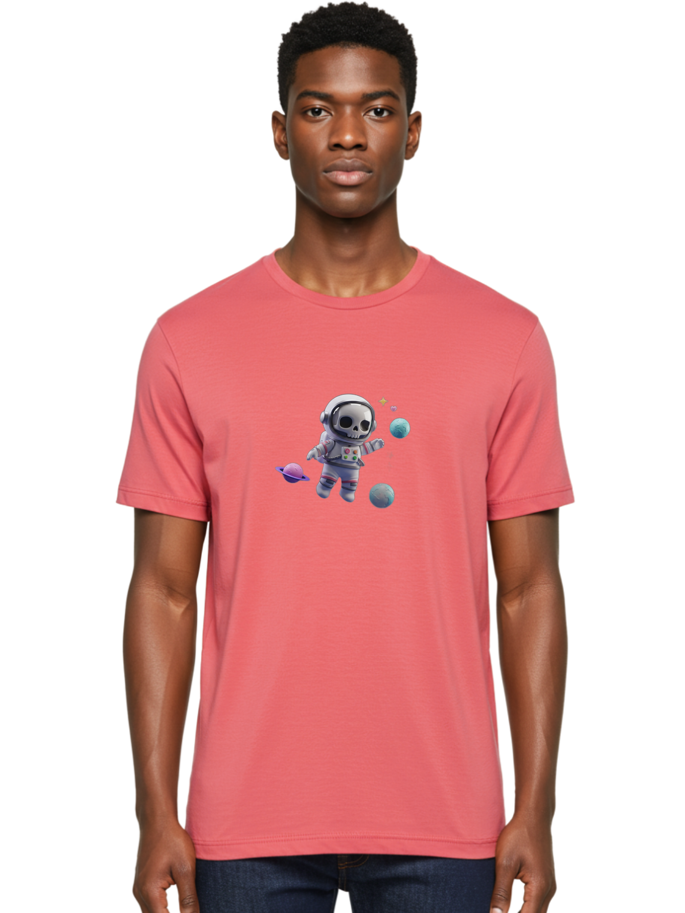 Skull-Astronaut Men'S Graphic Tee, 100% Cotton, Comfortable Casual Summer Wear, Machine Washable, Skeleton Astronaut, Space Travel, Planets, Stars, Galaxy Exploration, Futuristic, Sci-Fi, Cosmic Adventure, Space Suit, Digital Art, Bad580