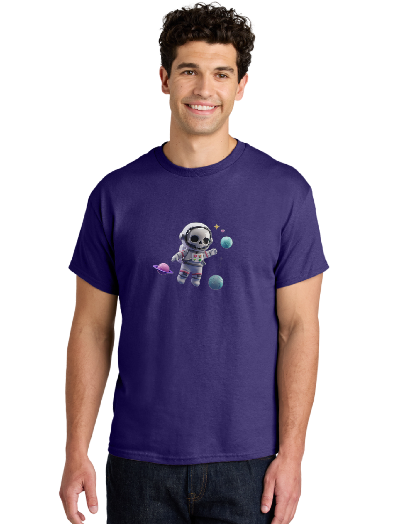 Skull-Astronaut Men'S Graphic Tee, 100% Cotton, Comfortable Casual Summer Wear, Machine Washable, Skeleton Astronaut, Space Travel, Planets, Stars, Galaxy Exploration, Futuristic, Sci-Fi, Cosmic Adventure, Space Suit, Digital Art, Bad580
