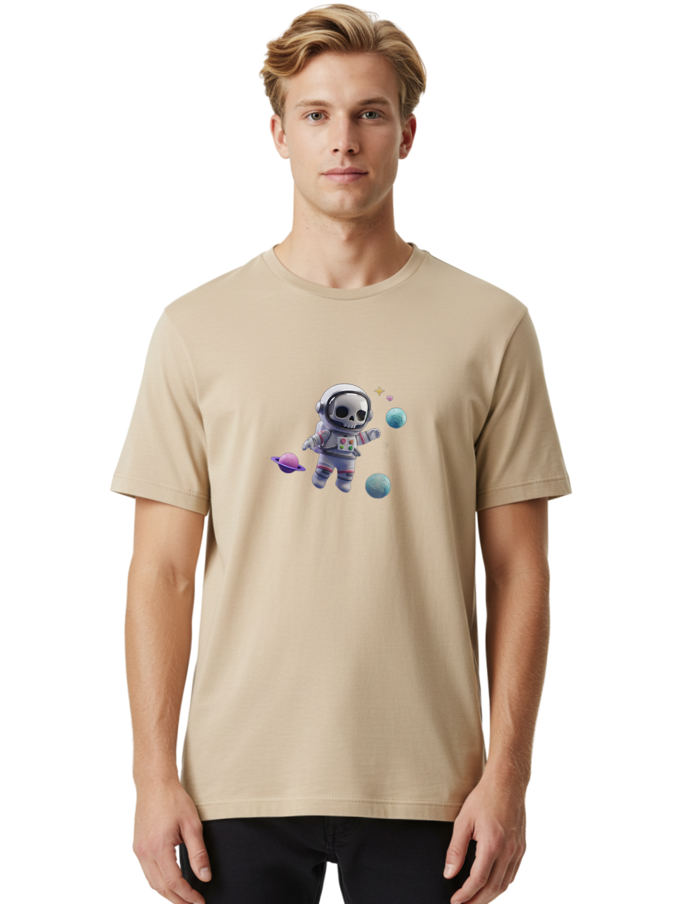 Skull-Astronaut Men'S Graphic Tee, 100% Cotton, Comfortable Casual Summer Wear, Machine Washable, Skeleton Astronaut, Space Travel, Planets, Stars, Galaxy Exploration, Futuristic, Sci-Fi, Cosmic Adventure, Space Suit, Digital Art, Bad580