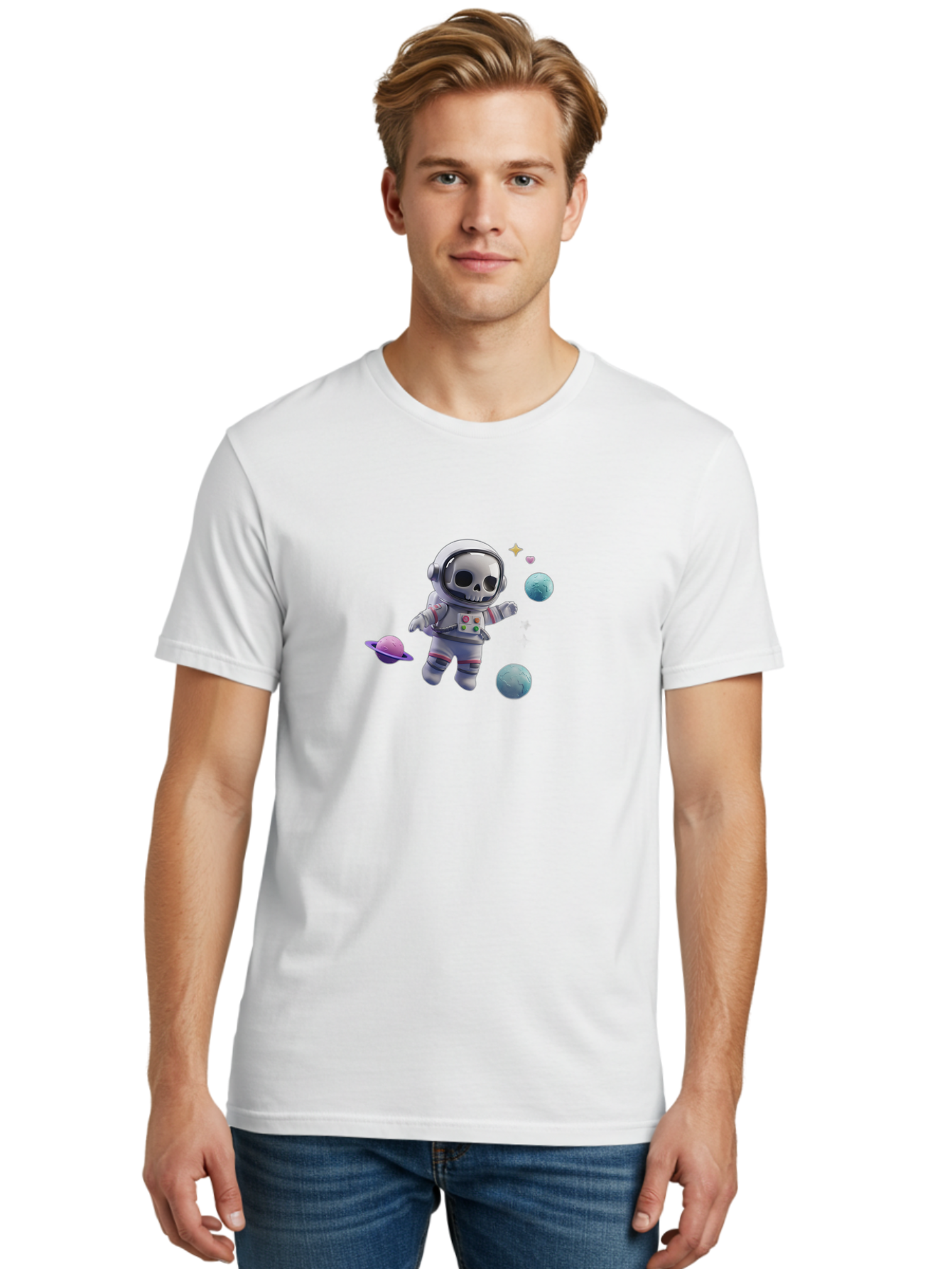 Skull-Astronaut Men'S Graphic Tee, 100% Cotton, Comfortable Casual Summer Wear, Machine Washable, Skeleton Astronaut, Space Travel, Planets, Stars, Galaxy Exploration, Futuristic, Sci-Fi, Cosmic Adventure, Space Suit, Digital Art, Bad580
