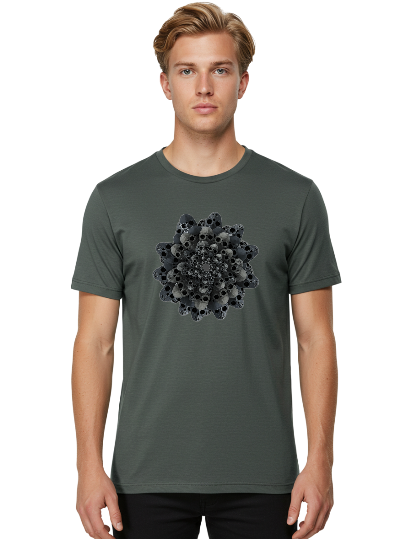 Skull-Cluster-1 Men'S Graphic Tee, 100% Cotton, Comfortable Casual Summer Wear, Machine Washable, Skull Flower, Human Skulls, Floral Arrangement, Dark Art, Gothic Decor, Skulls, Eerie Art, Dark Floral Design, Macabre Bad581