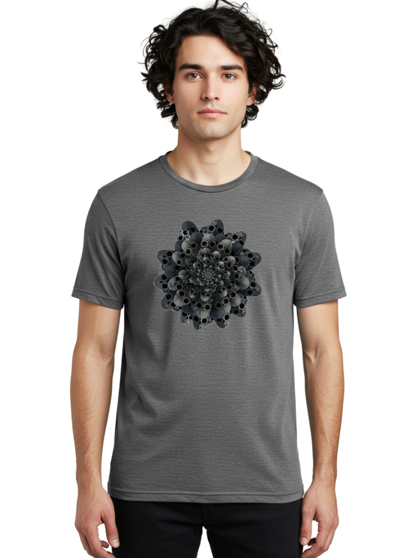 Skull-Cluster-1 Men'S Graphic Tee, 100% Cotton, Comfortable Casual Summer Wear, Machine Washable, Skull Flower, Human Skulls, Floral Arrangement, Dark Art, Gothic Decor, Skulls, Eerie Art, Dark Floral Design, Macabre Bad581