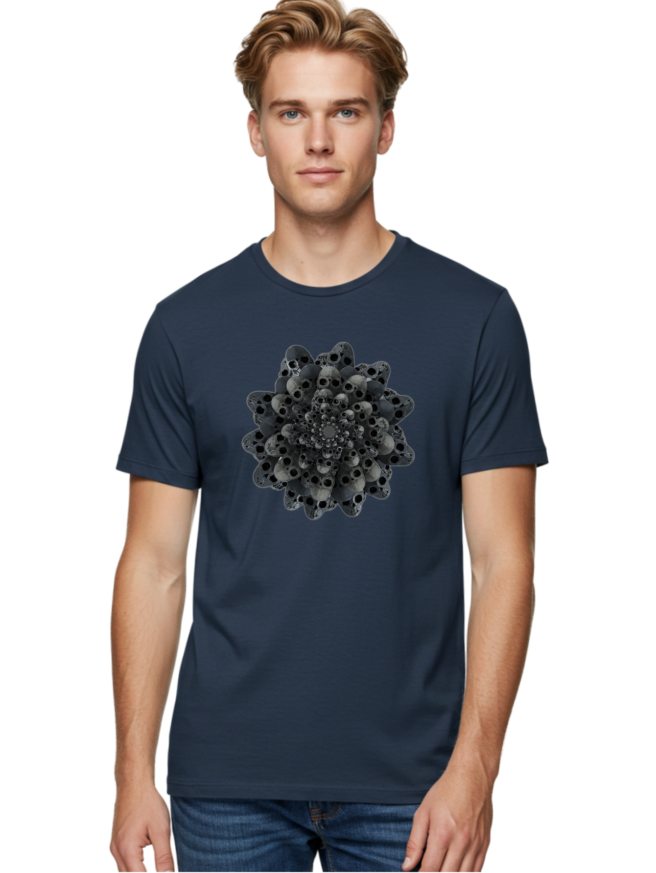 Skull-Cluster-1 Men'S Graphic Tee, 100% Cotton, Comfortable Casual Summer Wear, Machine Washable, Skull Flower, Human Skulls, Floral Arrangement, Dark Art, Gothic Decor, Skulls, Eerie Art, Dark Floral Design, Macabre Bad581
