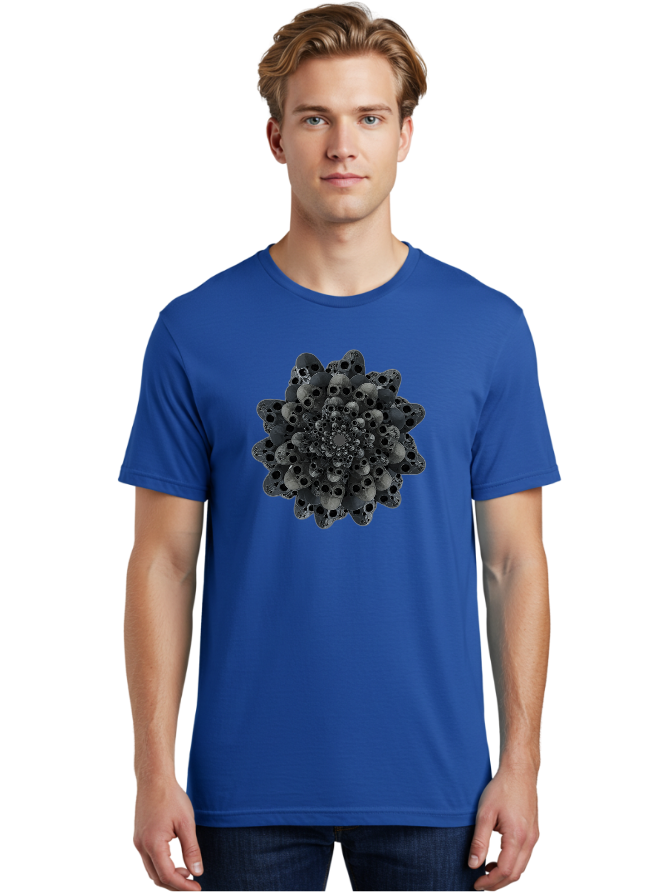 Skull-Cluster-1 Men'S Graphic Tee, 100% Cotton, Comfortable Casual Summer Wear, Machine Washable, Skull Flower, Human Skulls, Floral Arrangement, Dark Art, Gothic Decor, Skulls, Eerie Art, Dark Floral Design, Macabre Bad581