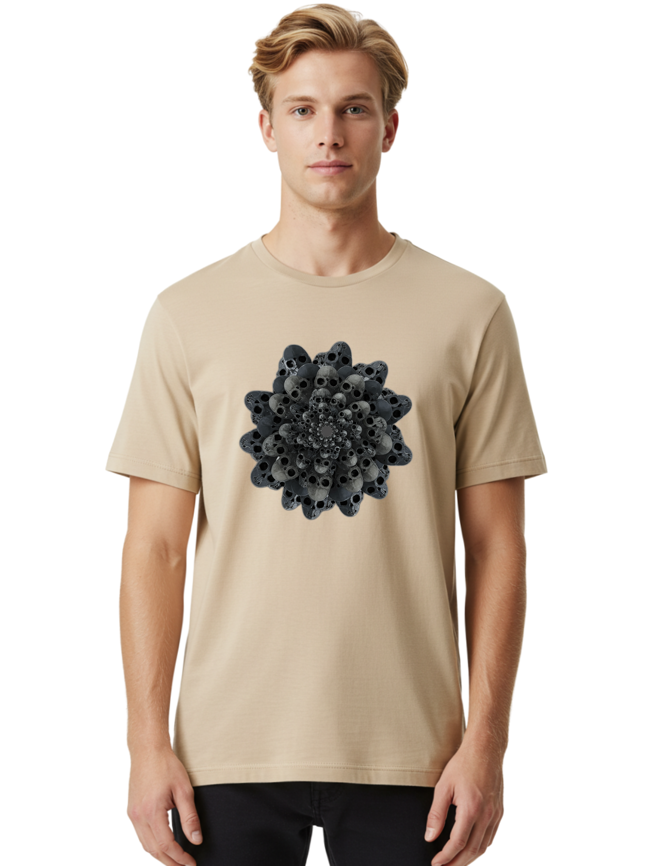 Skull-Cluster-1 Men'S Graphic Tee, 100% Cotton, Comfortable Casual Summer Wear, Machine Washable, Skull Flower, Human Skulls, Floral Arrangement, Dark Art, Gothic Decor, Skulls, Eerie Art, Dark Floral Design, Macabre Bad581