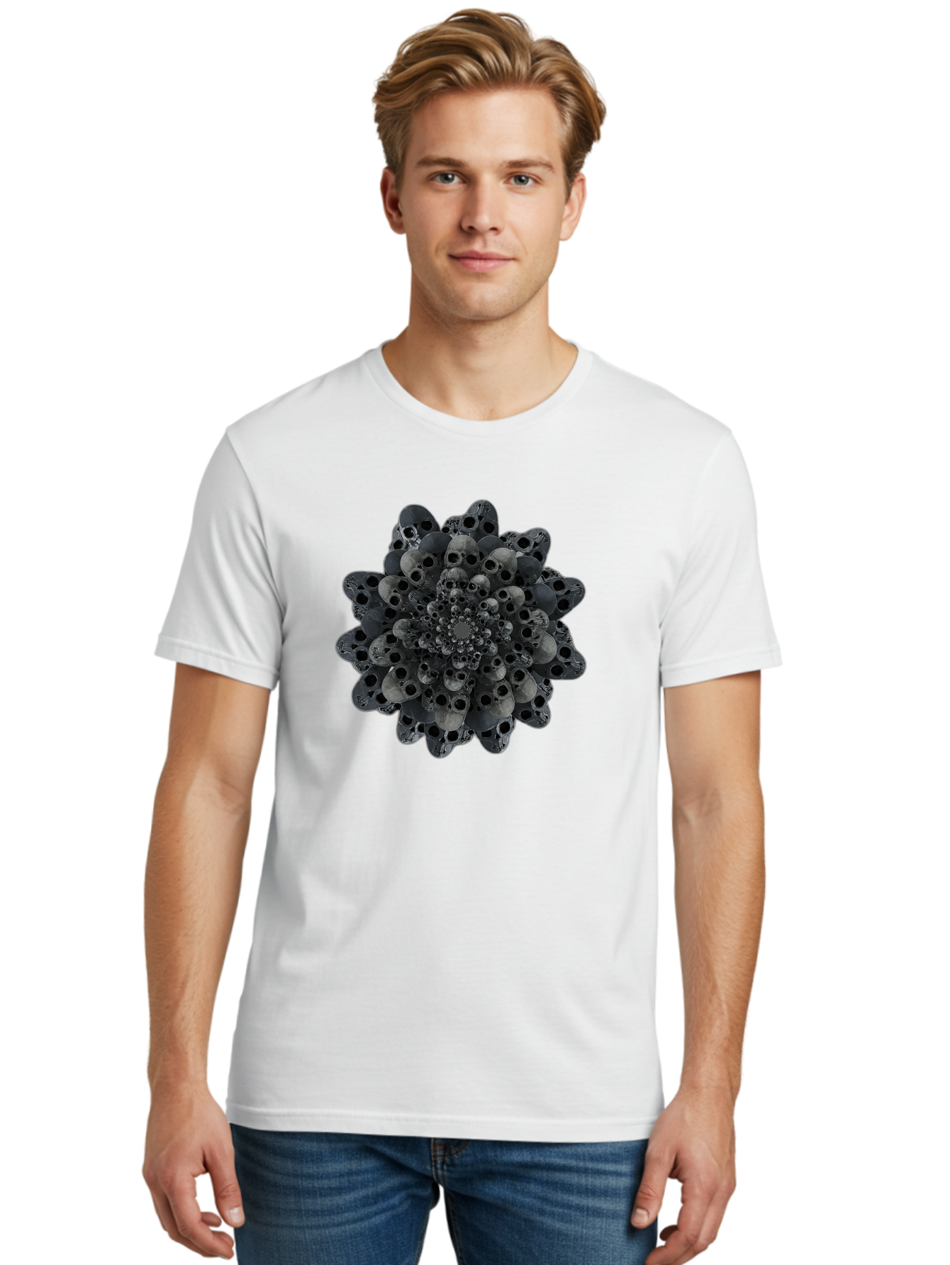 Skull-Cluster-1 Men'S Graphic Tee, 100% Cotton, Comfortable Casual Summer Wear, Machine Washable, Skull Flower, Human Skulls, Floral Arrangement, Dark Art, Gothic Decor, Skulls, Eerie Art, Dark Floral Design, Macabre Bad581