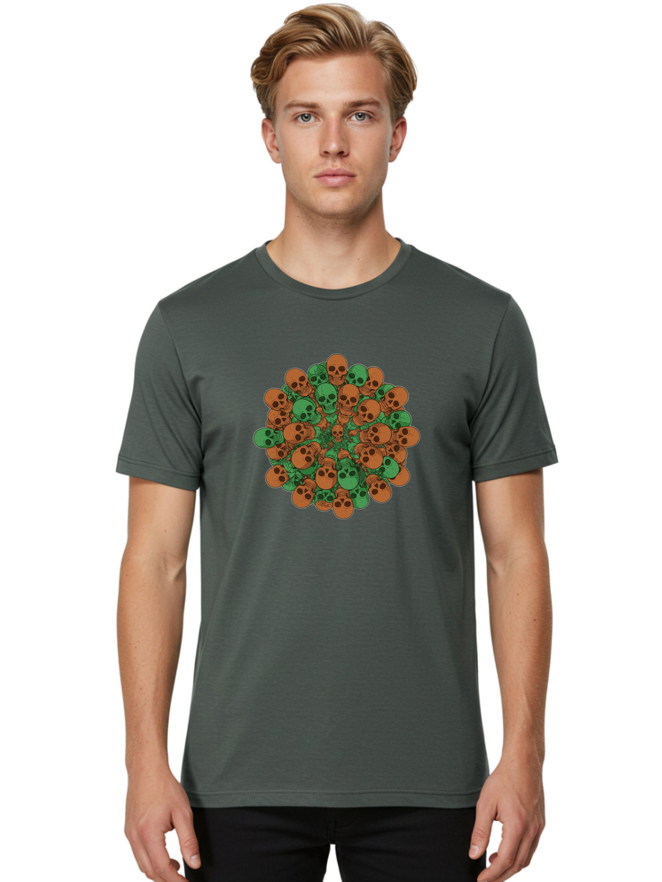 Skull-Cluster-2 Men'S Graphic Tee, 100% Cotton, Comfortable Casual Summer Wear, Machine Washable, Cluster Of Skulls, Orange And Green Skulls, Skull Illustration, Skull Design, Mortality Symbol, Death Theme, Gothic Art, Macabre Imagery Bad582