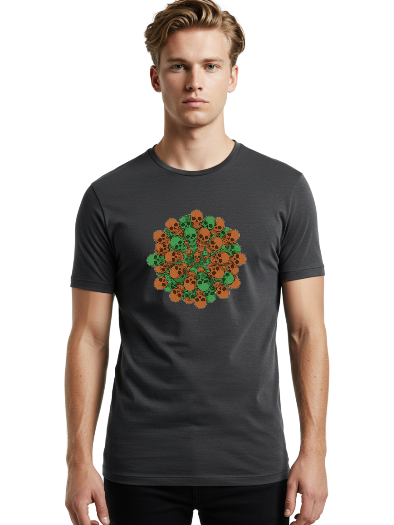Skull-Cluster-2 Men'S Graphic Tee, 100% Cotton, Comfortable Casual Summer Wear, Machine Washable, Cluster Of Skulls, Orange And Green Skulls, Skull Illustration, Skull Design, Mortality Symbol, Death Theme, Gothic Art, Macabre Imagery Bad582