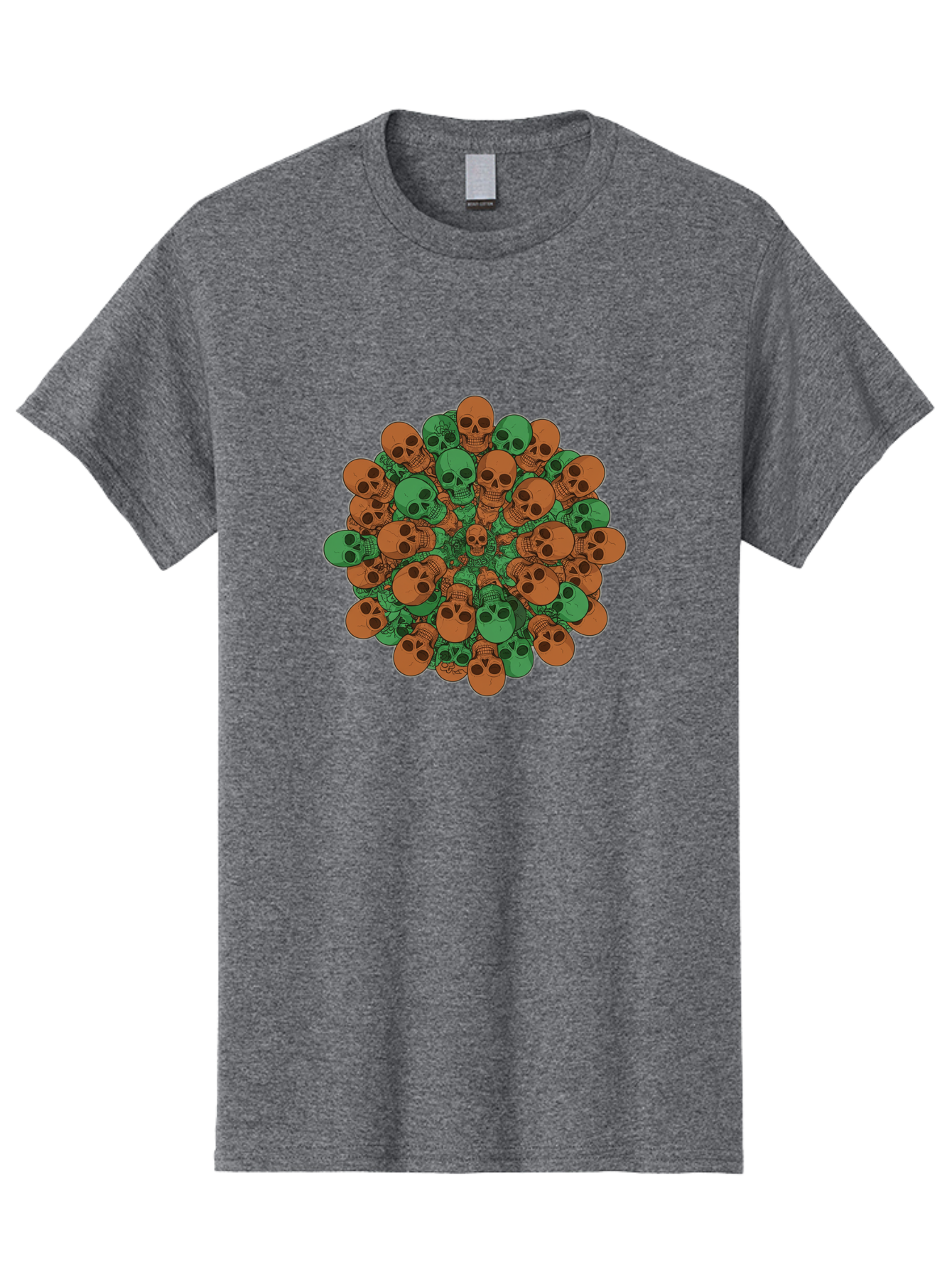 Skull-Cluster-2 Men'S Graphic Tee, 100% Cotton, Comfortable Casual Summer Wear, Machine Washable, Cluster Of Skulls, Orange And Green Skulls, Skull Illustration, Skull Design, Mortality Symbol, Death Theme, Gothic Art, Macabre Imagery Bad582
