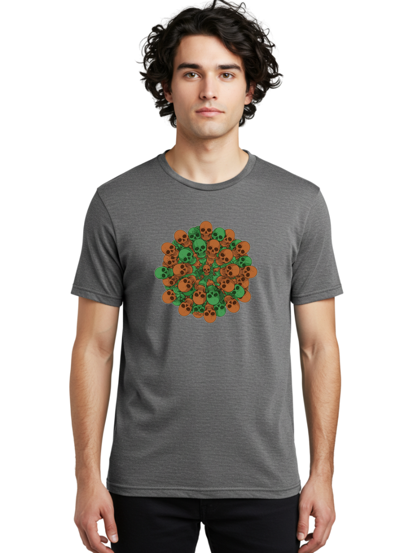 Skull-Cluster-2 Men'S Graphic Tee, 100% Cotton, Comfortable Casual Summer Wear, Machine Washable, Cluster Of Skulls, Orange And Green Skulls, Skull Illustration, Skull Design, Mortality Symbol, Death Theme, Gothic Art, Macabre Imagery Bad582